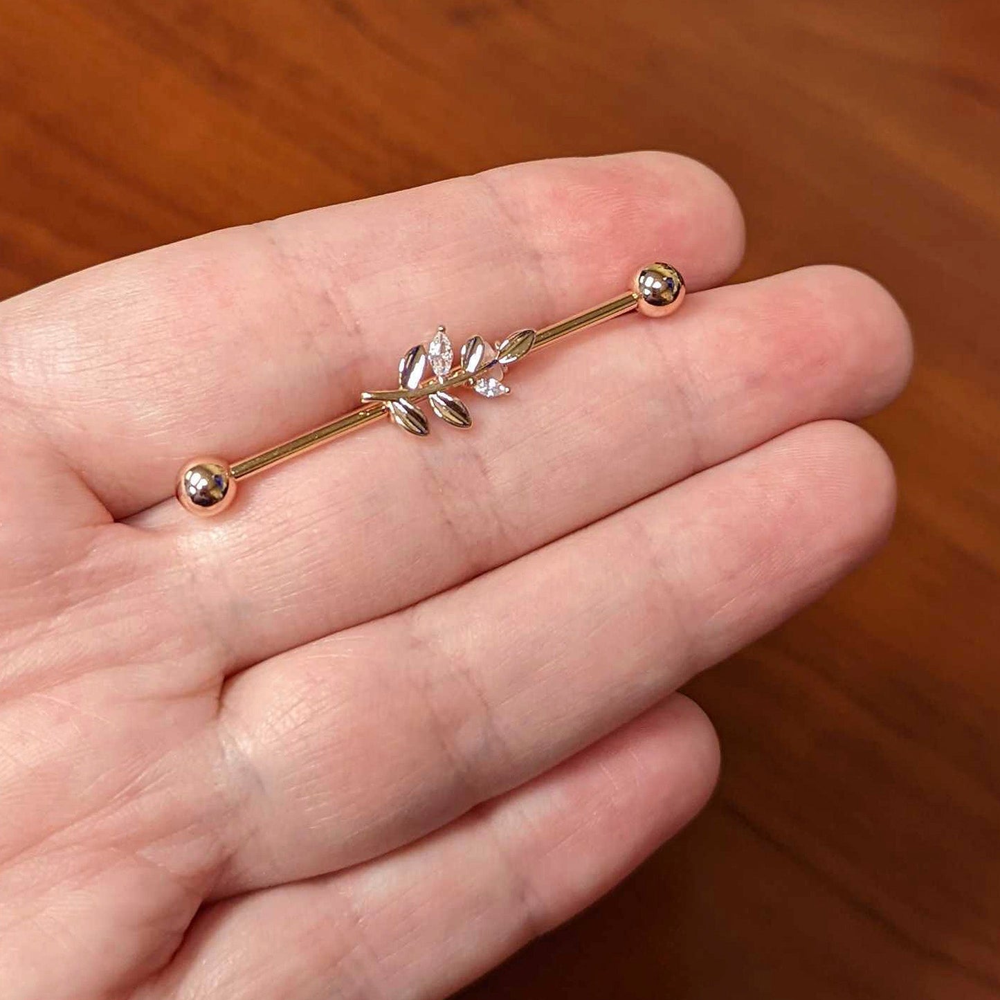 14G Clear CZ Gem Rose Gold Hue Simple Leaf Industrial Barbell 38mm