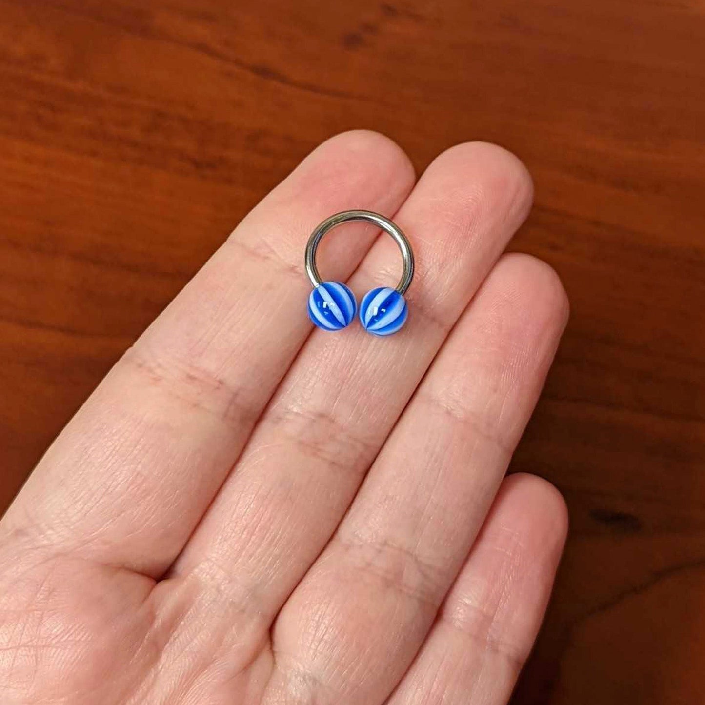 14G 7/16 Striped Blue White Ball End Horseshoe Circular Barbell