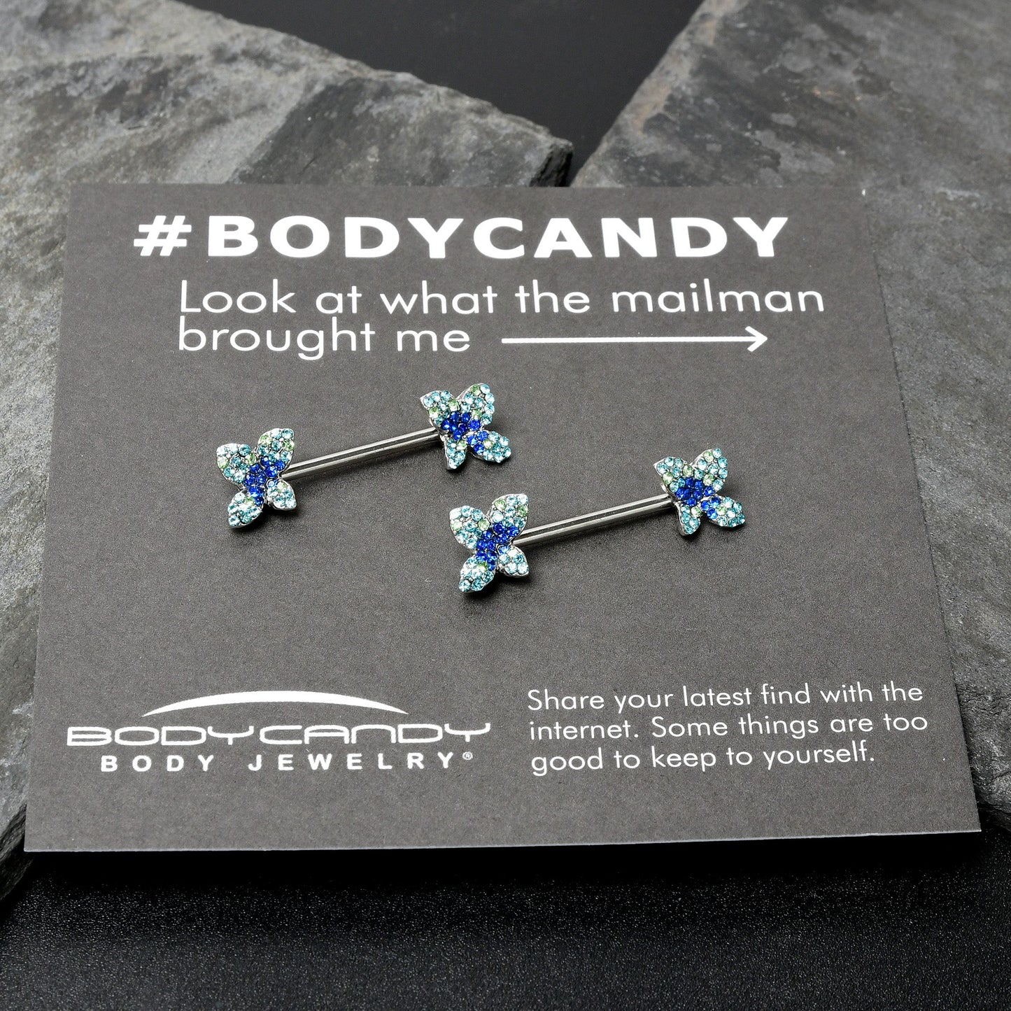 14G 9/16 Blue Gem Glamour Butterfly Barbell Nipple Ring Set