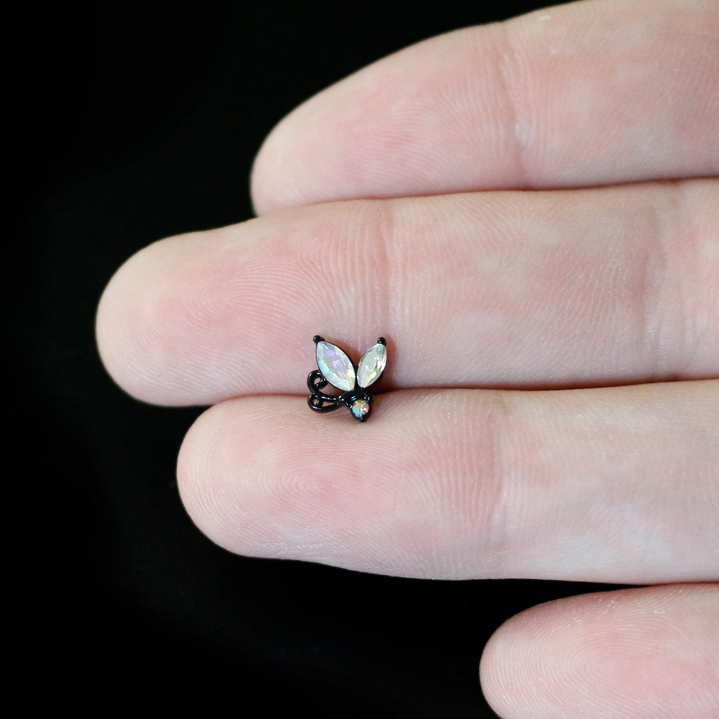 16G 5/16 Aurora CZ Gem Black Fleur de Lis Butterfly Labret Monroe Tragus