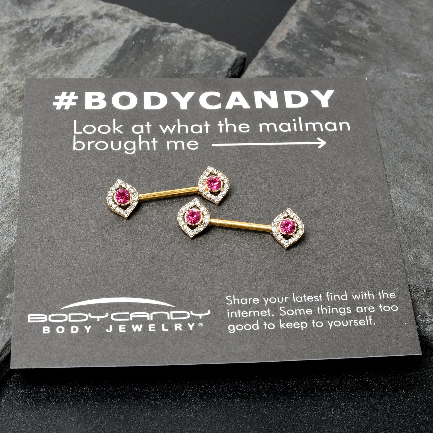 14G 9/16 Clear Pink Gem Gold Tone Open Eye Barbell Nipple Ring Set