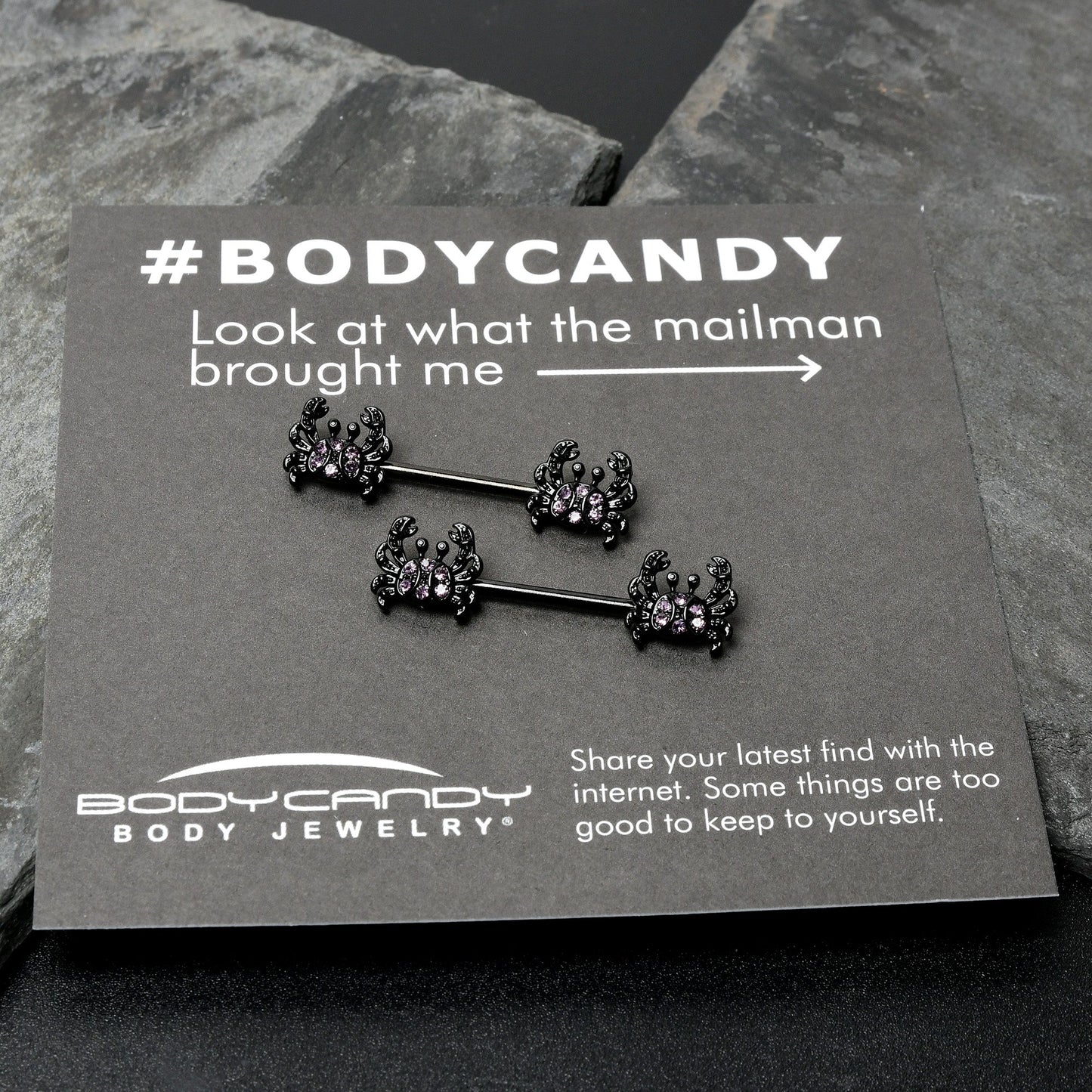 14G 9/16 Purple Gem Black Chic Crab Barbell Nipple Ring Set