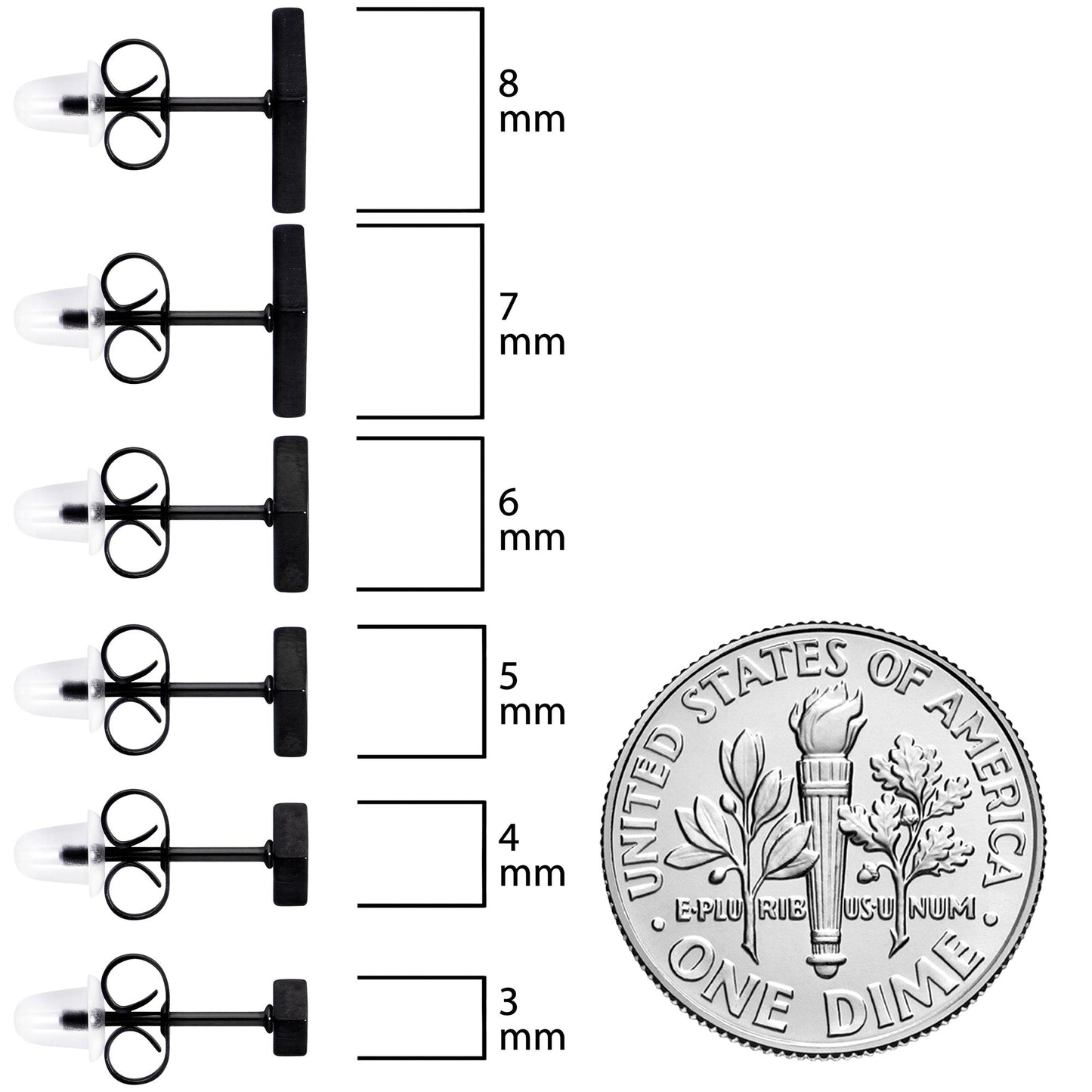 3mm-8mm Square Stud Black 316L Stainless Steel Earrings 6 Pack