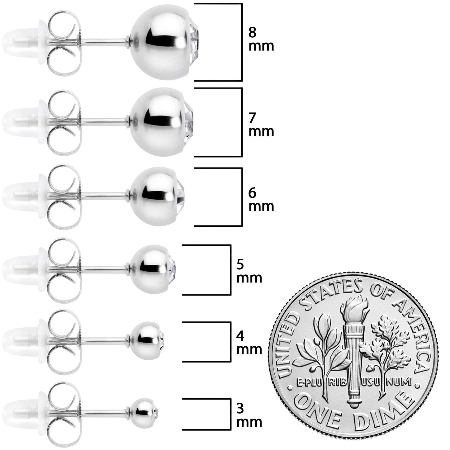 Clear Gem 3mm to 8mm Ball End Stud Earrings Set of 6