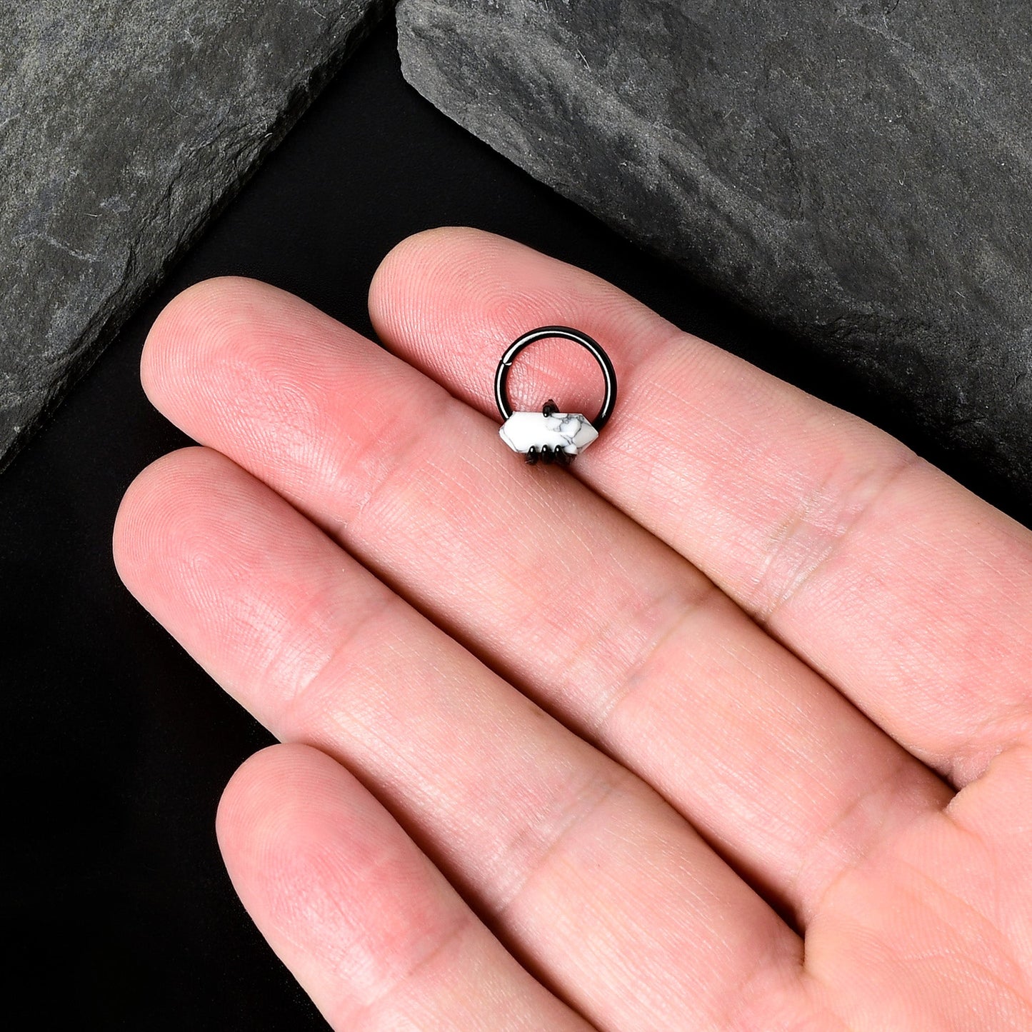 16G 3/8 White Howlite Black Claw Obelisk Hinged Segment Ring