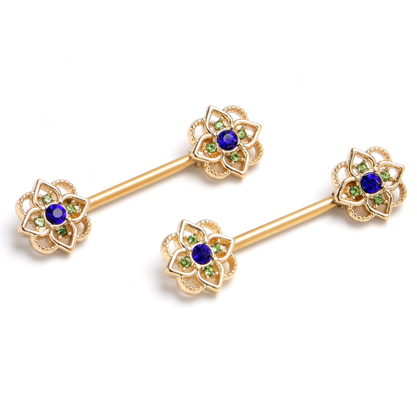 14G 9/16 Blue Gem Gold Tone Celtic Style Barbell Nipple Ring Set