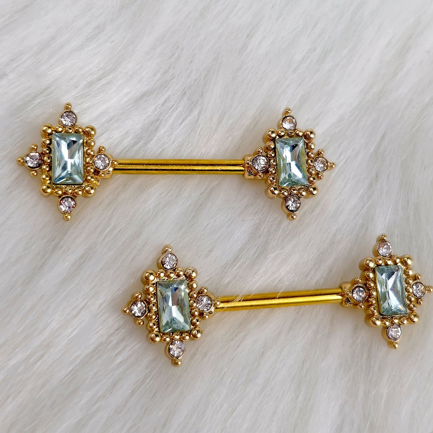 14G 9/16 Clear Gem Gold Tone Regal Seal Barbell Nipple Ring Set