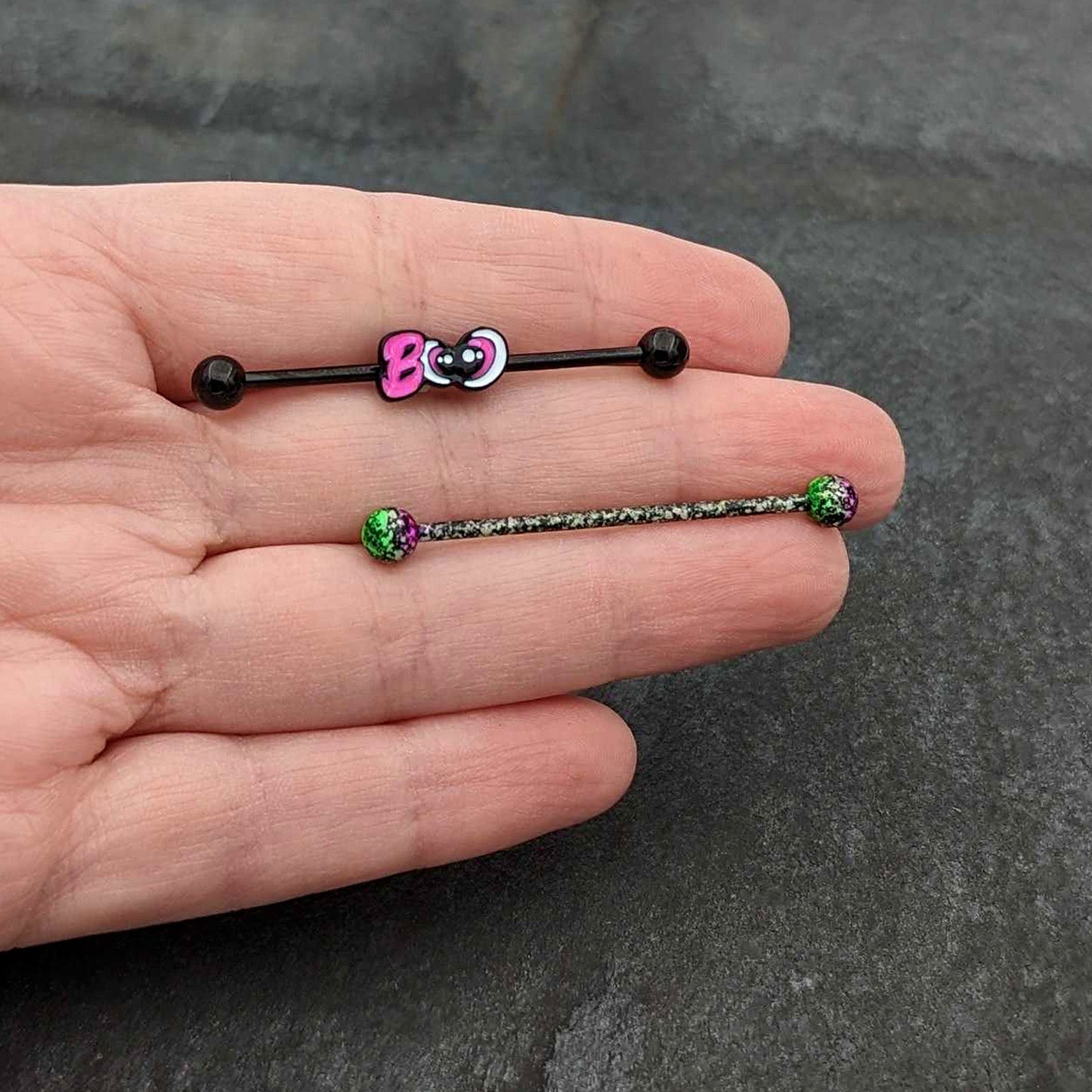 14G Black Halloween Pink Boo Green Industrial Barbell 38mm Set of 2