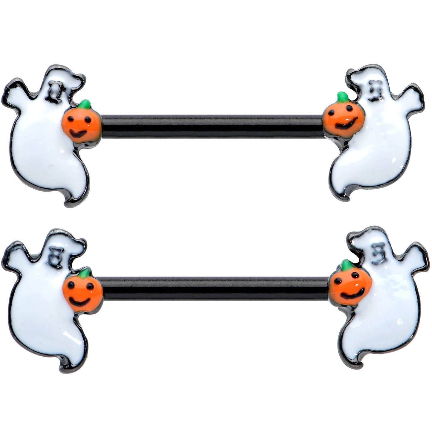 14G 9/16 Black Halloween Pumpkin Ghost Barbell Nipple Ring Set