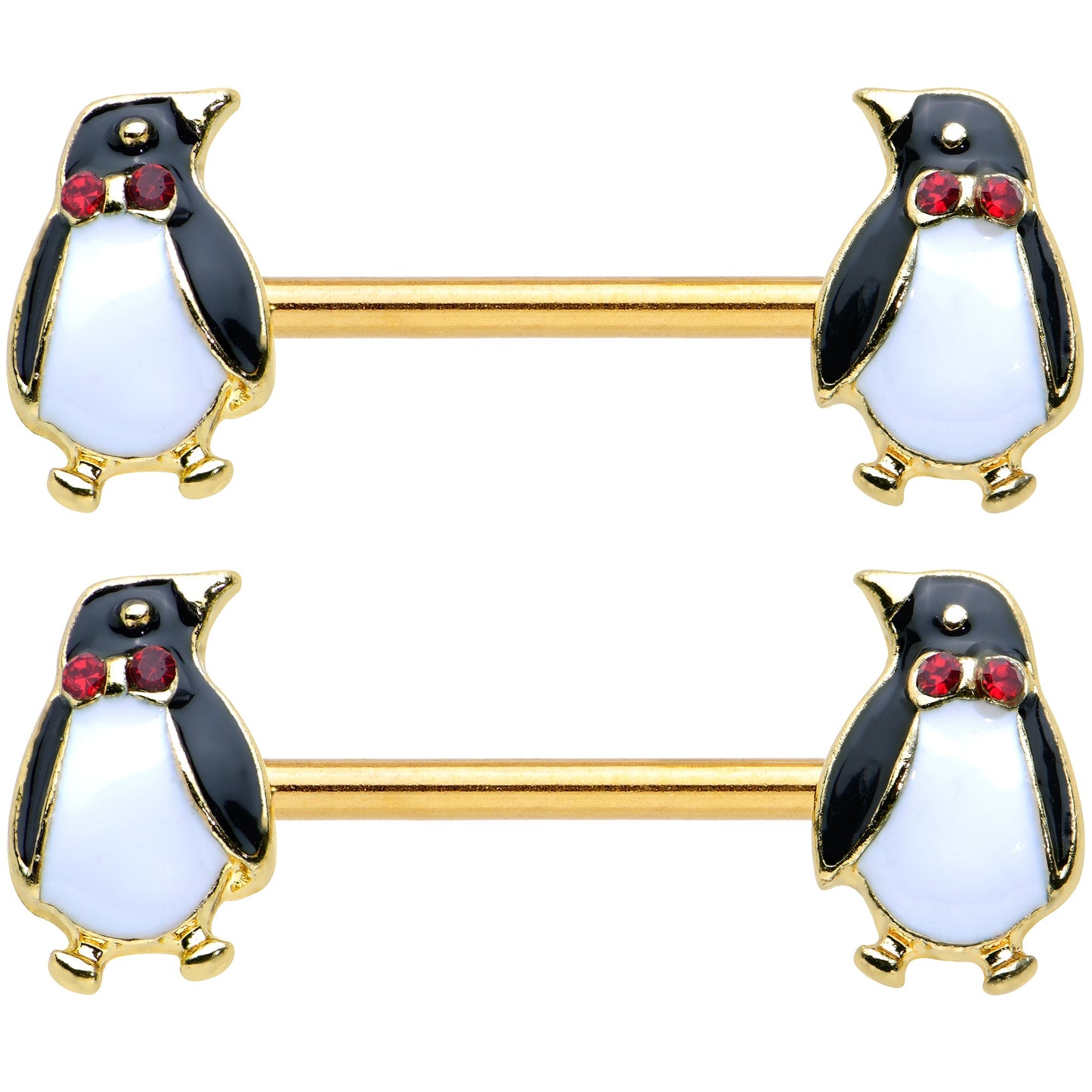 14G 9/16 Red Gem Gold Hue Bow Tie Penguin Barbell Nipple Ring Set