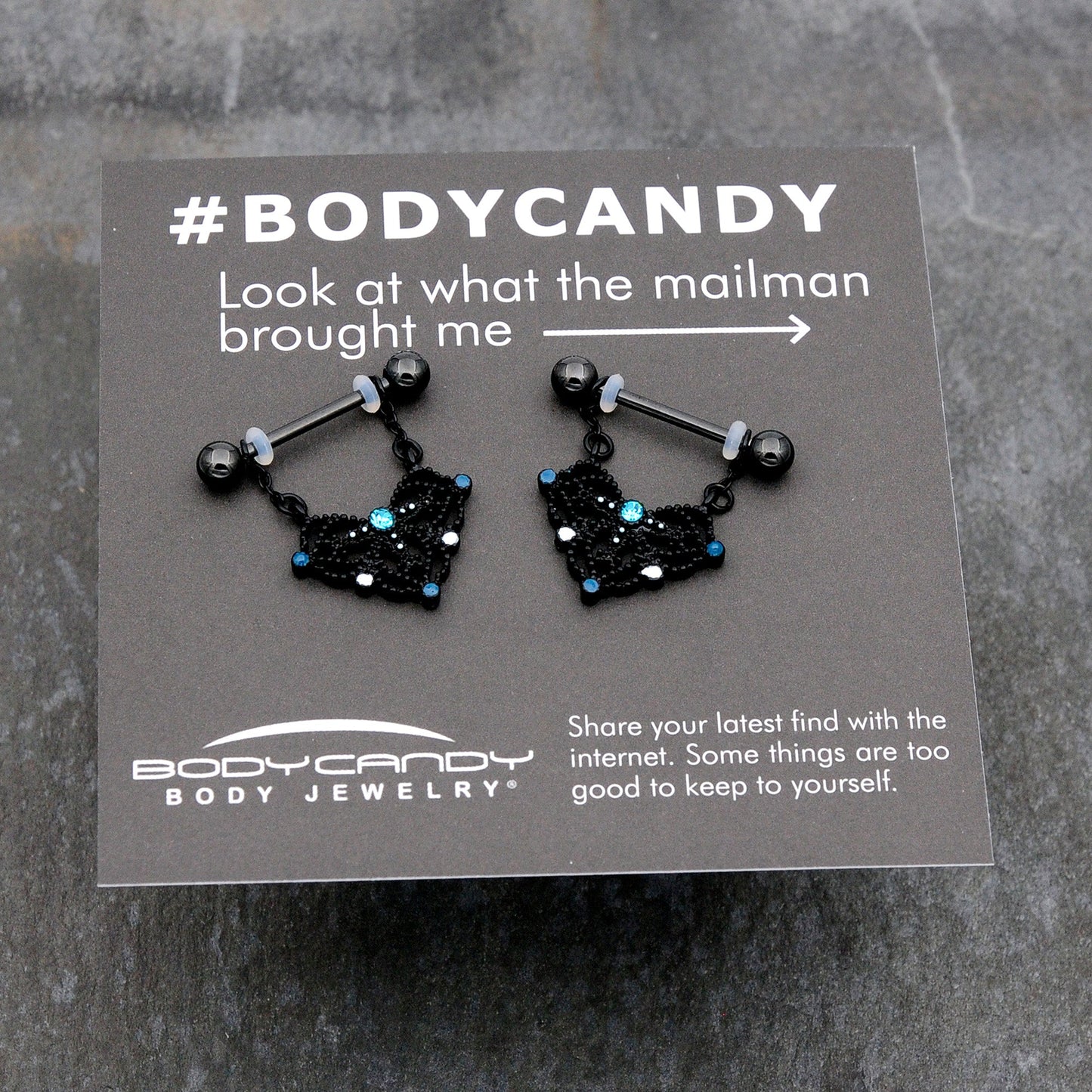 14G 9/16 Blue Gem Black Lacy Rhombus Dangle Nipple Ring Set