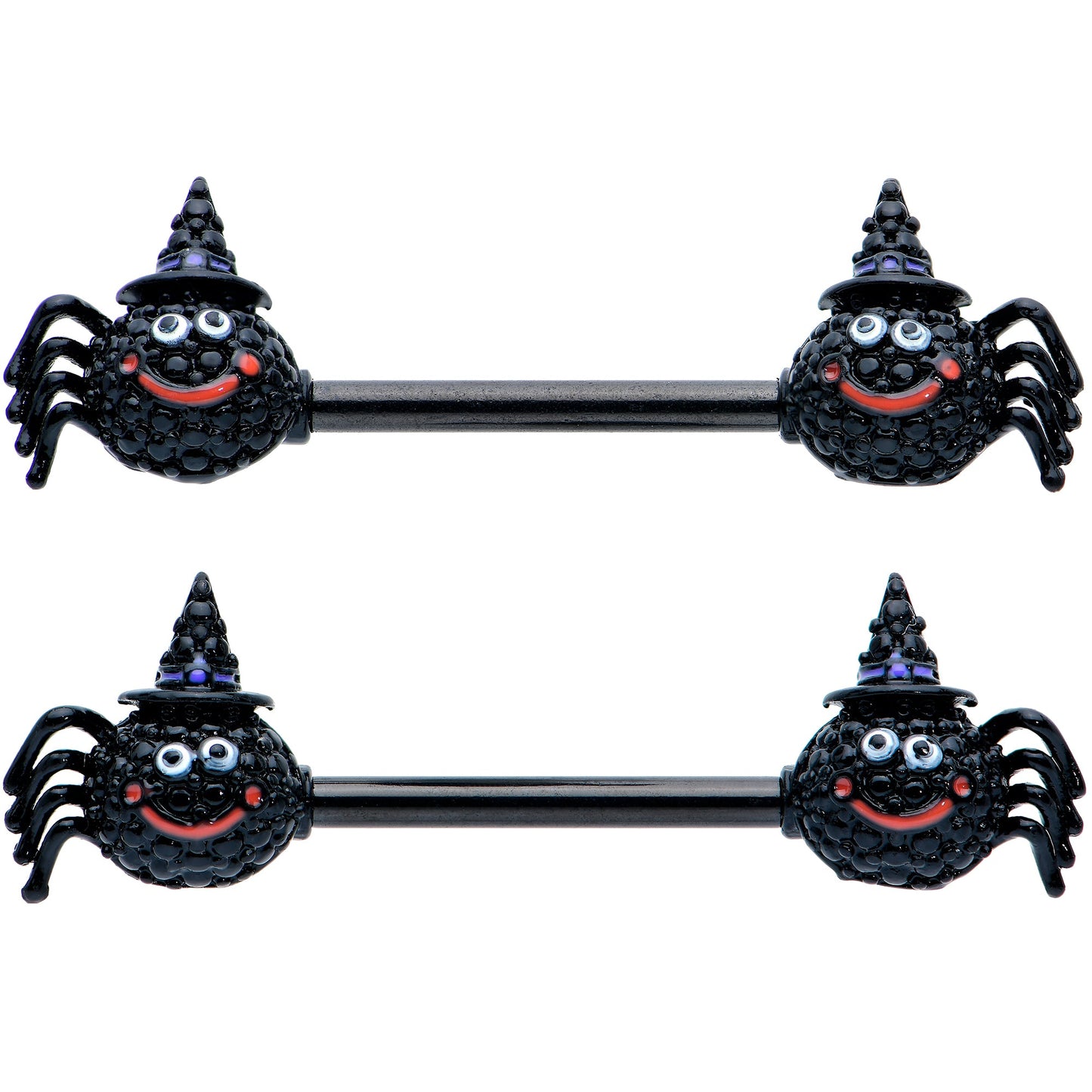 14G 9/16 Black Halloween Smiling Spider Barbell Nipple Ring Set