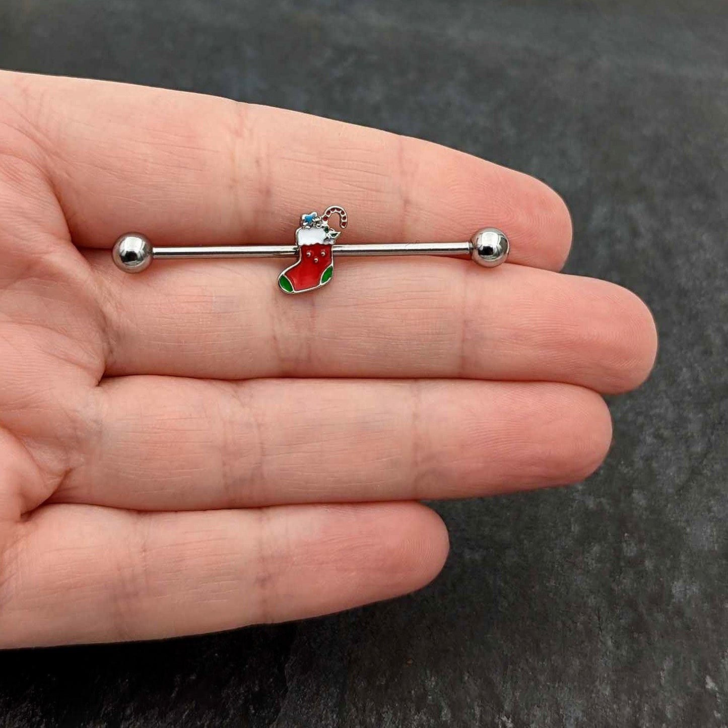 14G Happy Christmas Stocking Red Green Industrial Barbell 38mm