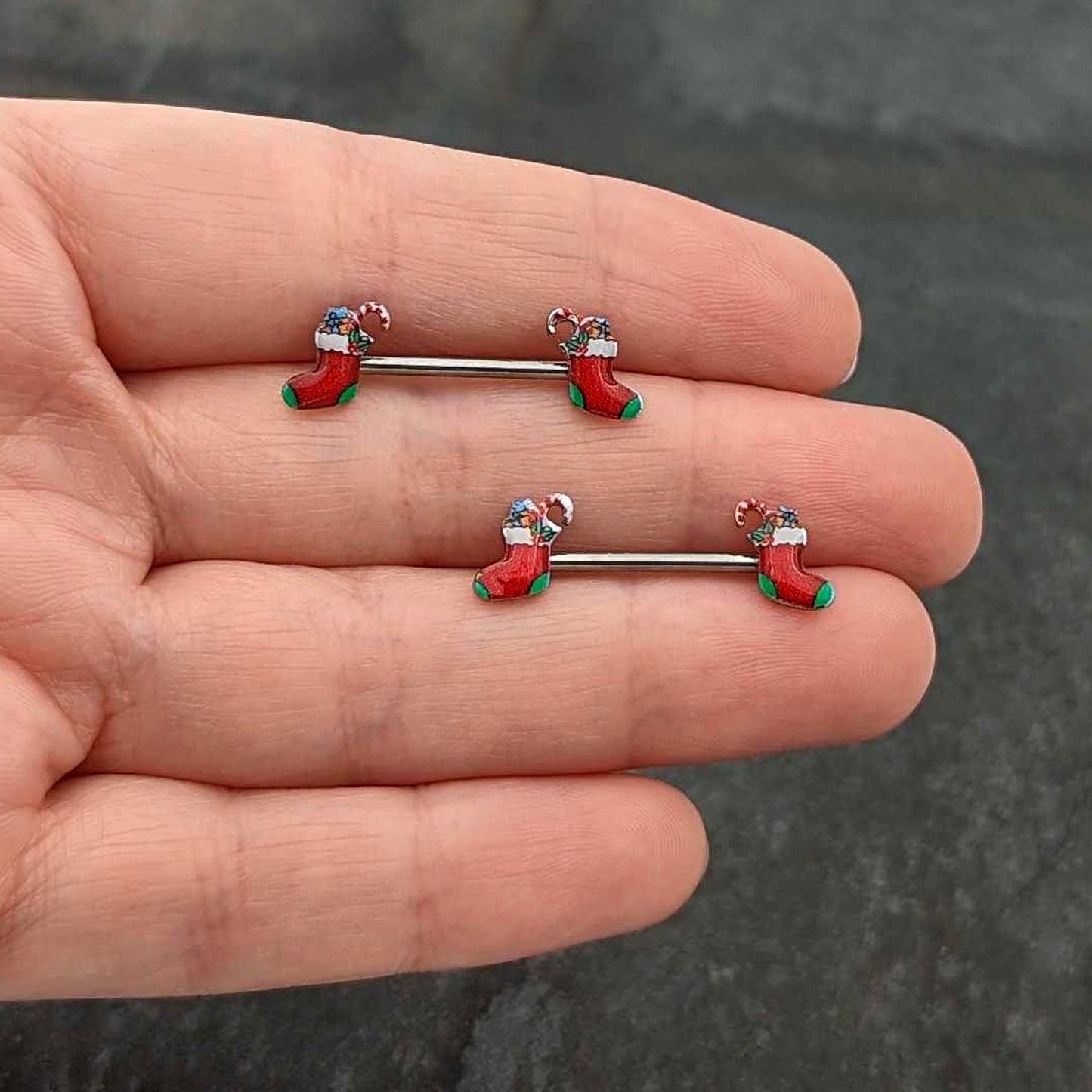 14G 9/16 Cheery Christmas Stocking Red Barbell Nipple Ring Set