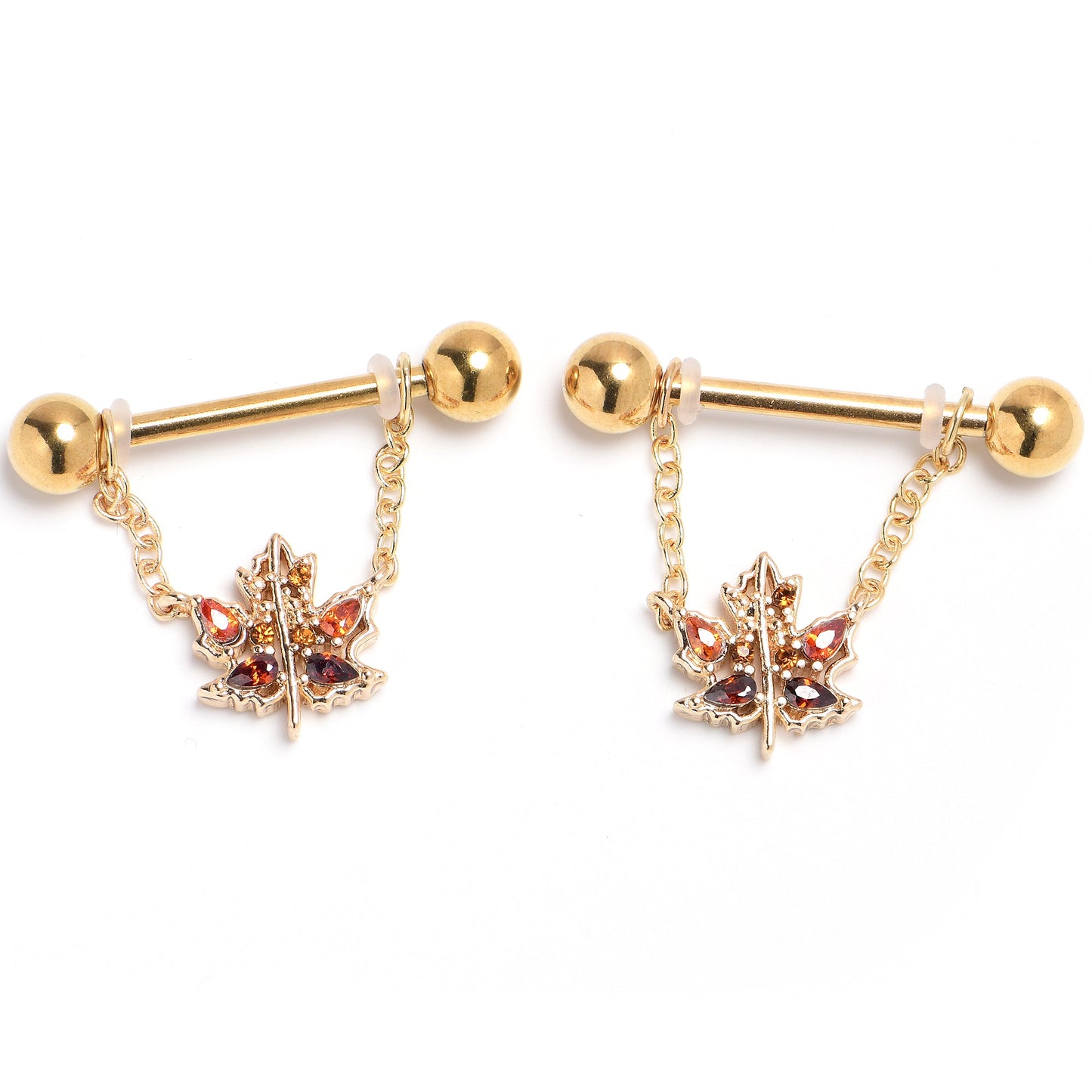 14G 9/16 Red Yellow Gem Maple Leaf Chain Dangle Nipple Ring Set