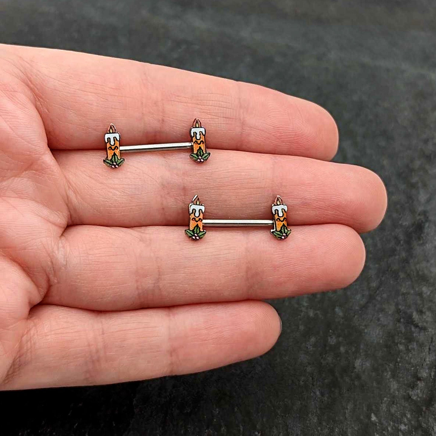 14G 9/16 Sweet Holiday Christmas Candle Barbell Nipple Ring Set