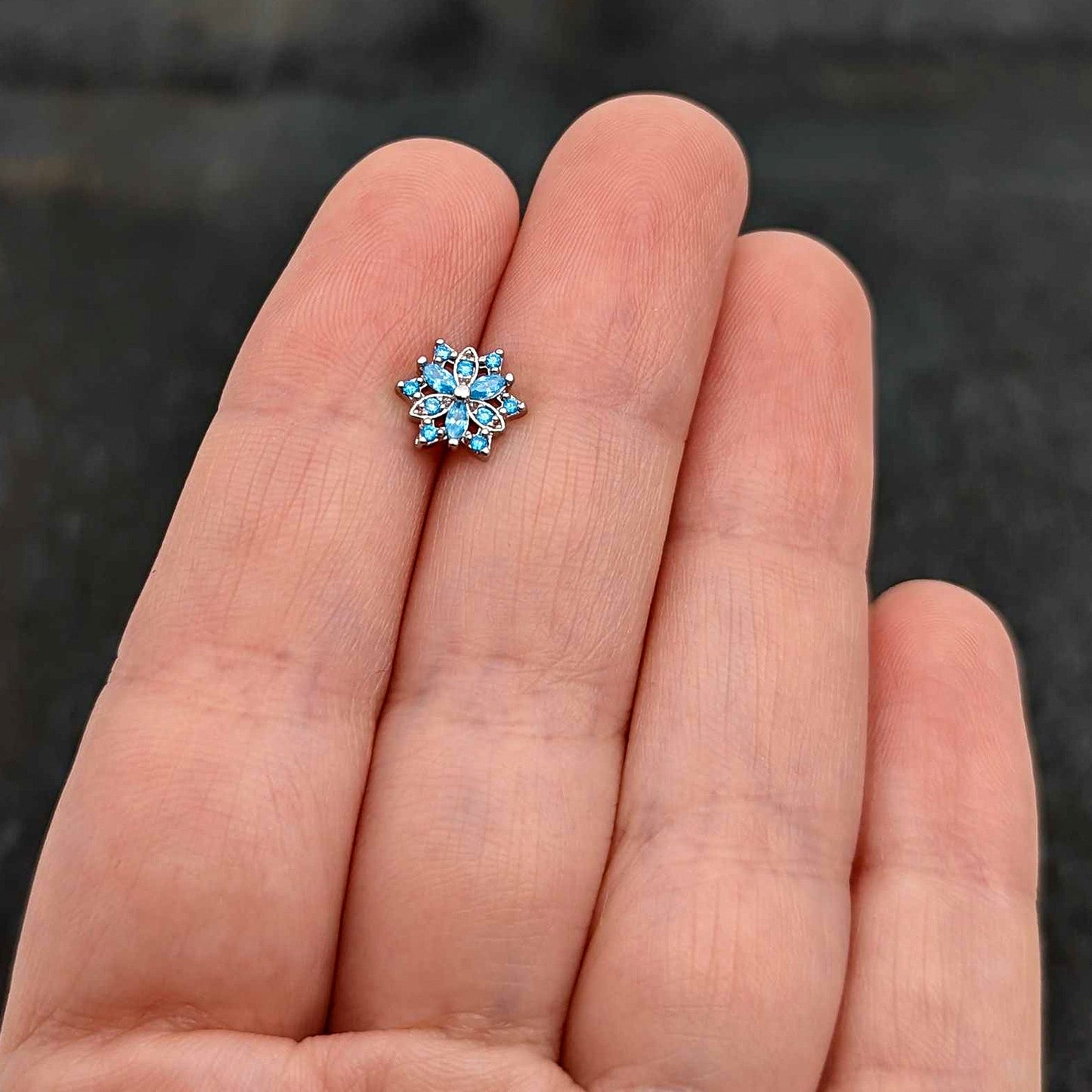 16G 1/4 Blue CZ Gem Snowflake Blues Cartilage Tragus Earring