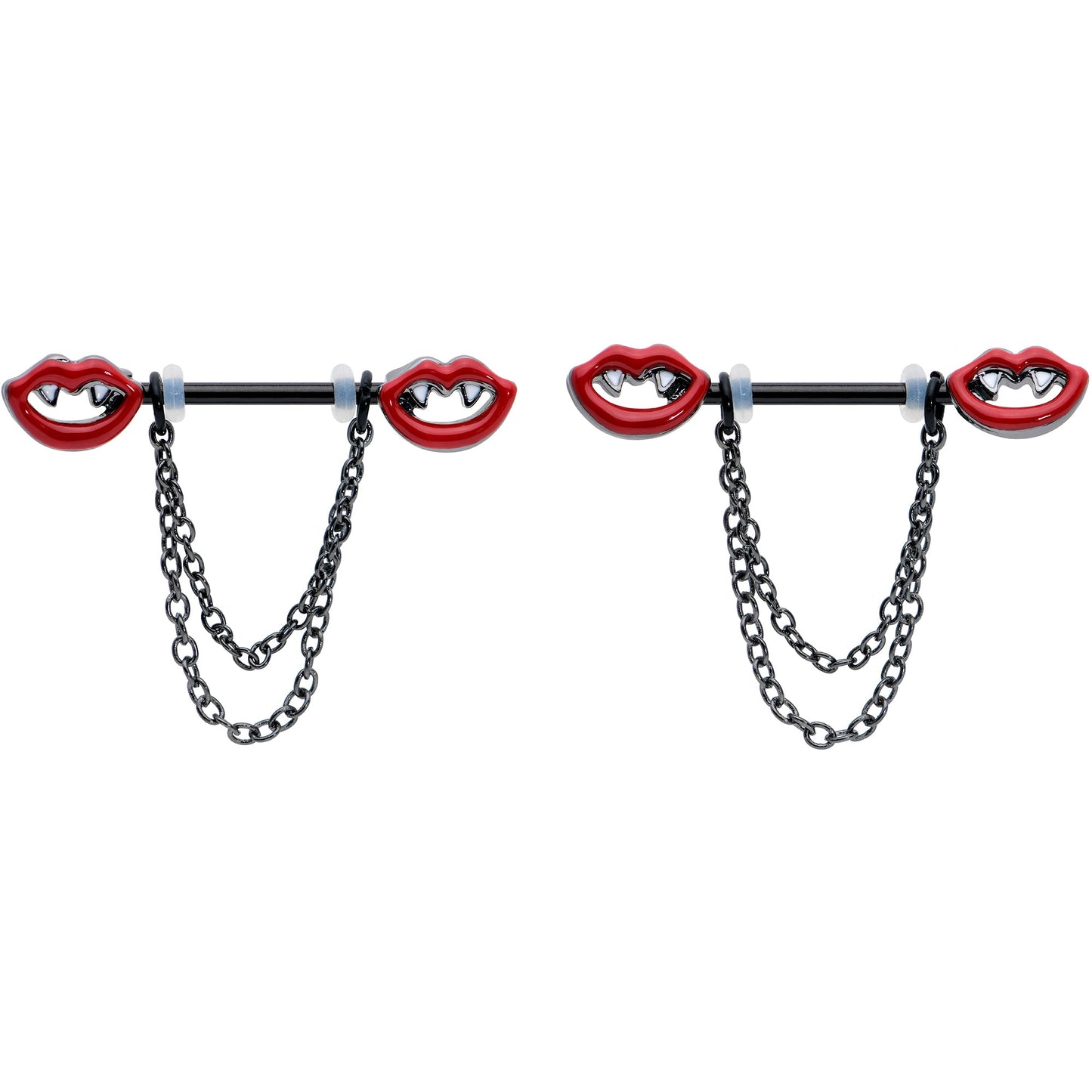 14G 11/16 Black Vampire Fangs Chain Dangle Nipple Ring Set