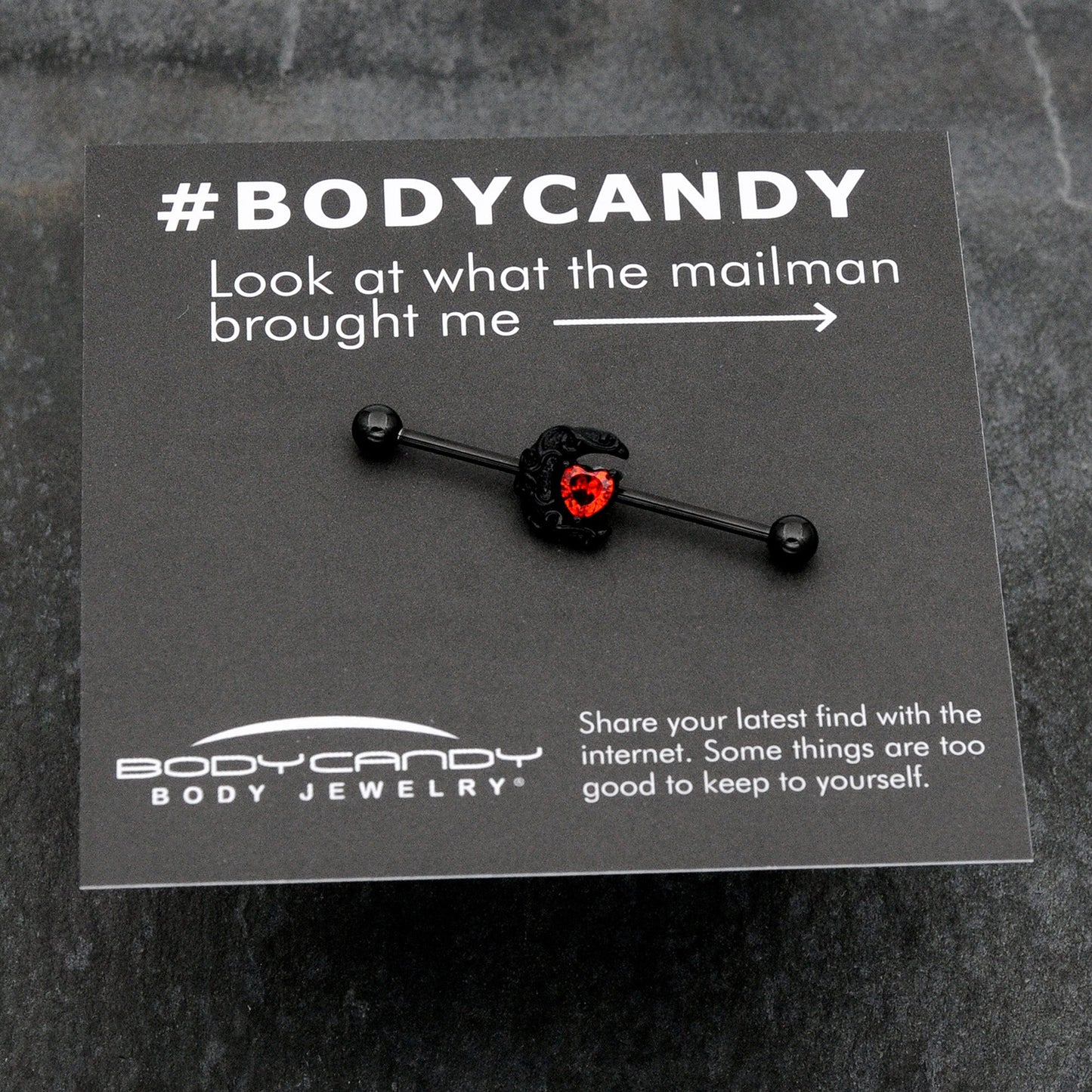 14G Red CZ Gem Black Scroll Moon Heart Industrial Barbell 38mm