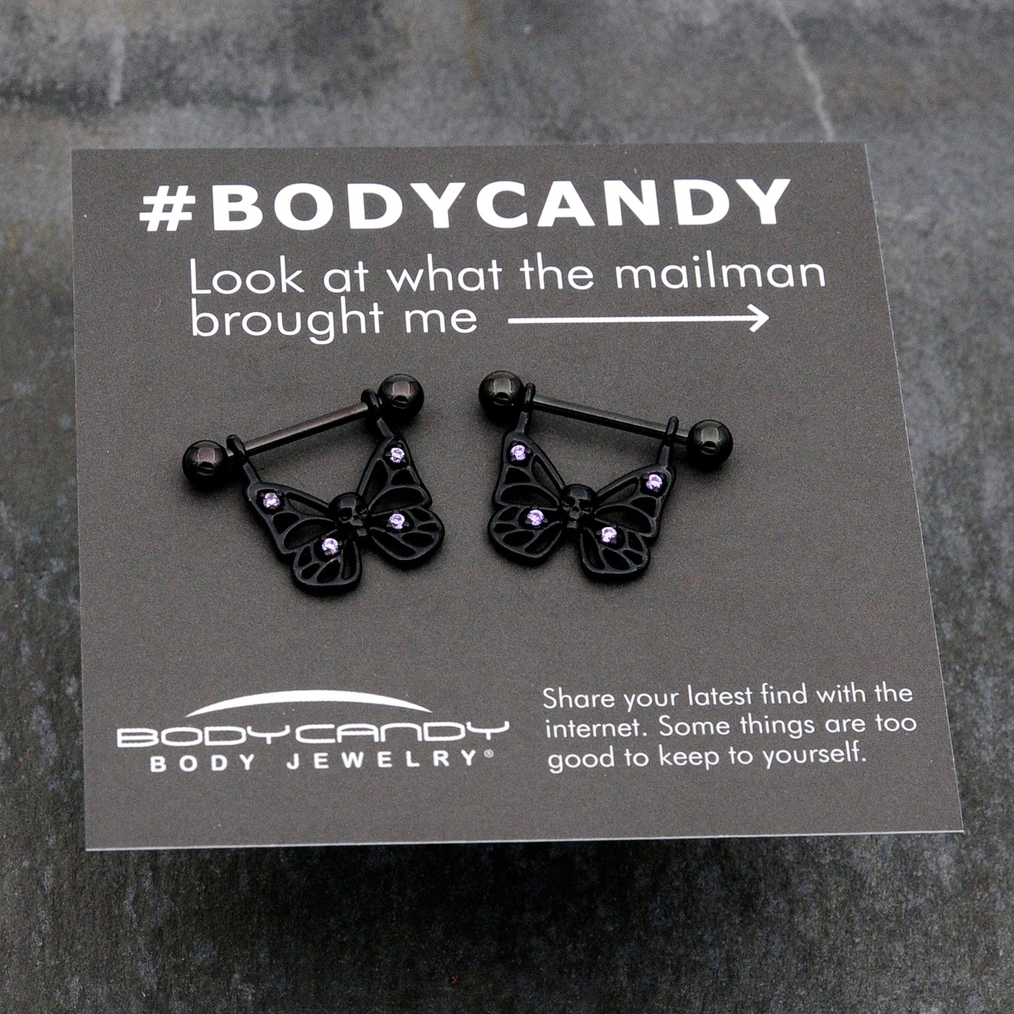 14G 11/16 Purple CZ Gem Black Skull Butterfly Dangle Nipple Ring Set