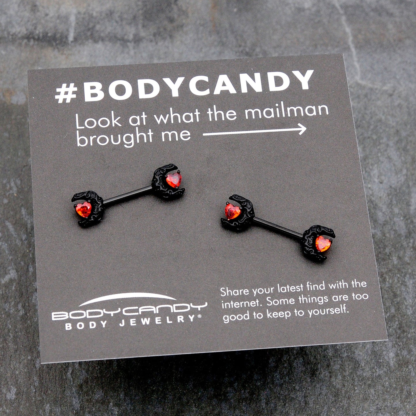 14G 9/16 Red CZ Gem Black Scroll Moon Heart Barbell Nipple Ring Set