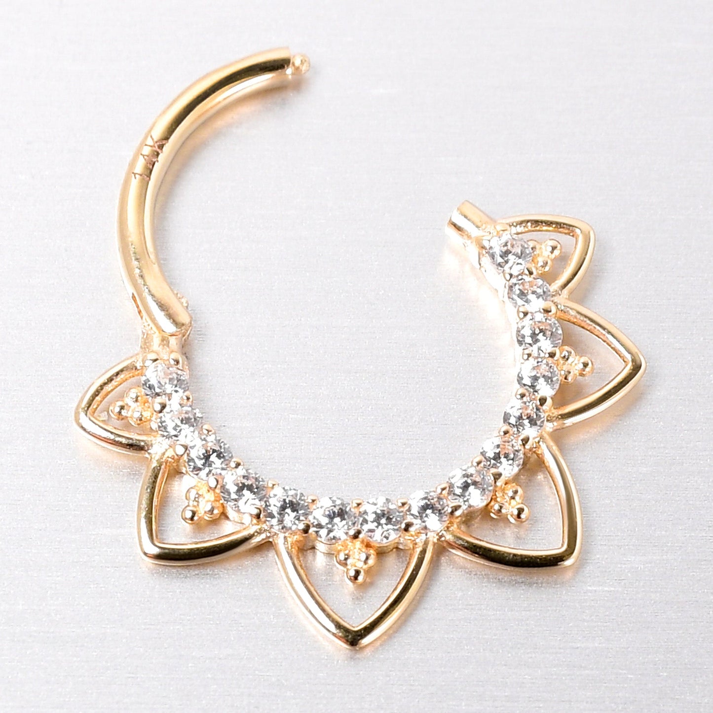 16G 3/8 Clear CZ Gem 14k Yellow Gold Filigree Hinged Segment Ring