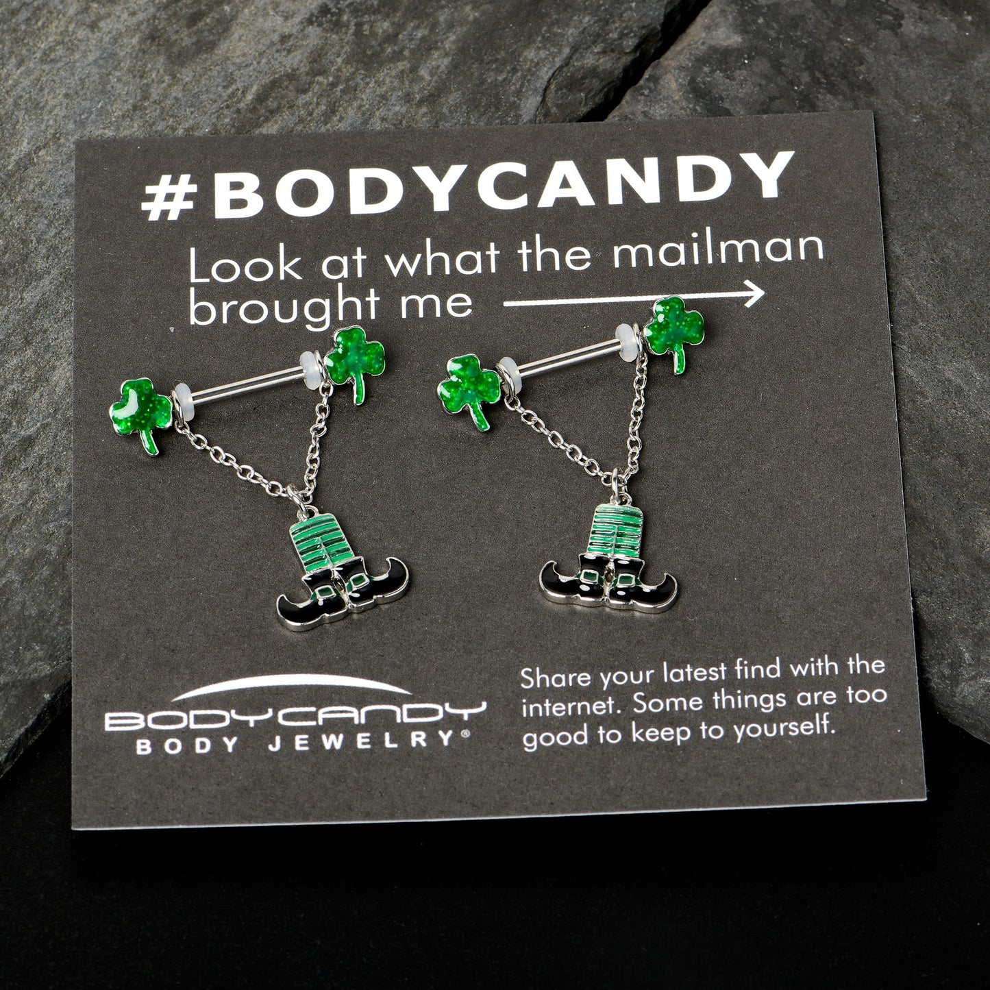 14G 11/16 Leprechaun Legs Shamrock Chain Dangle Nipple Ring Set