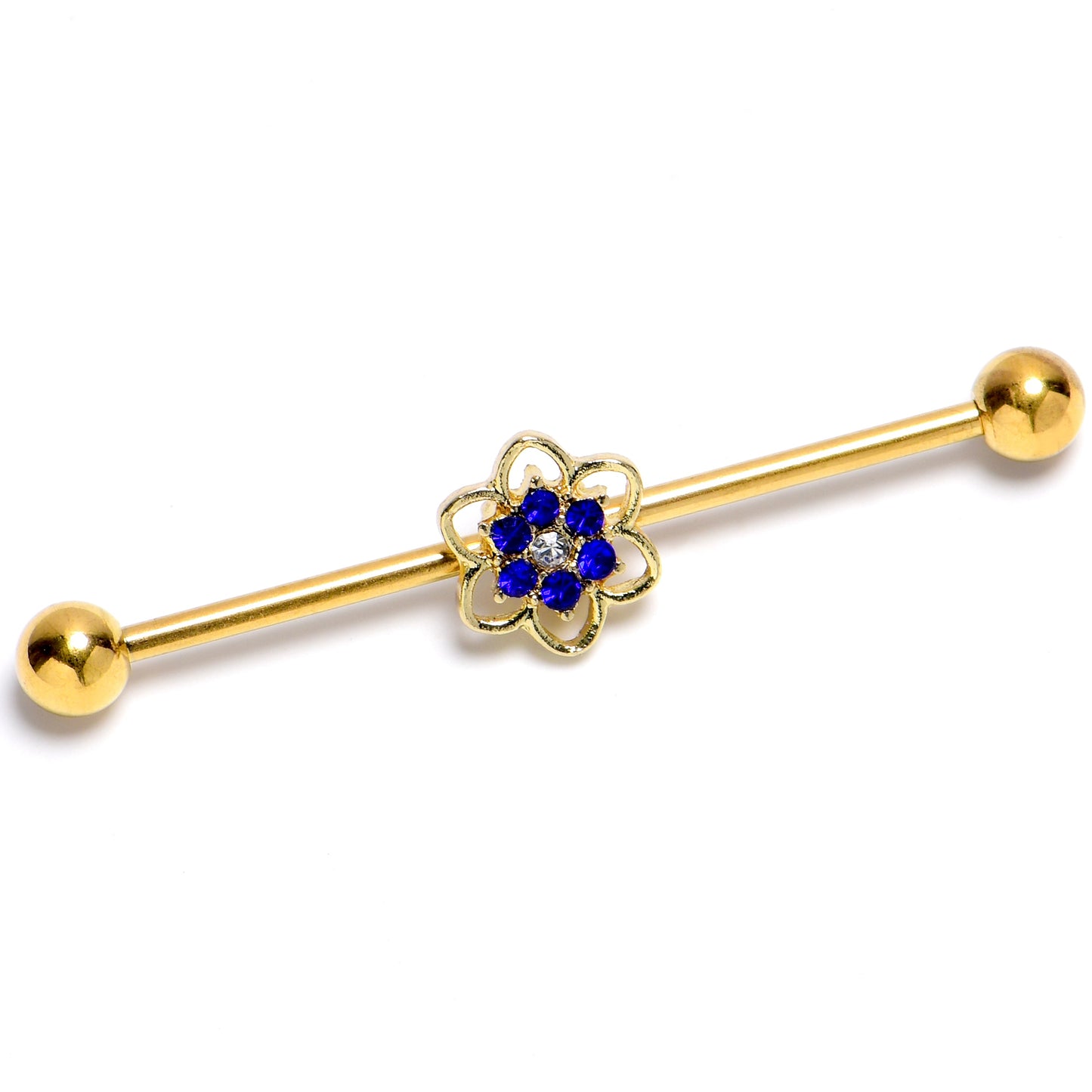 14G Blue Gem Gold Tone Radiant Bloom Flower Industrial Barbell 38mm