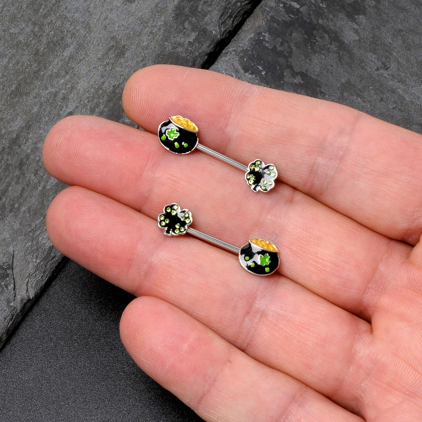 14G 9/16 Green Gem Shamrock Pot of Gold Barbell Nipple Ring Set
