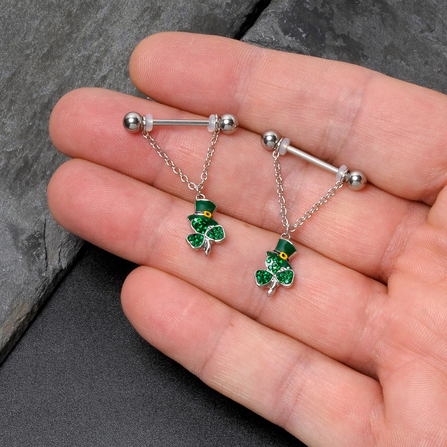 14G 9/16 Green Gem Top Hat Shamrock Chain Dangle Nipple Ring Set