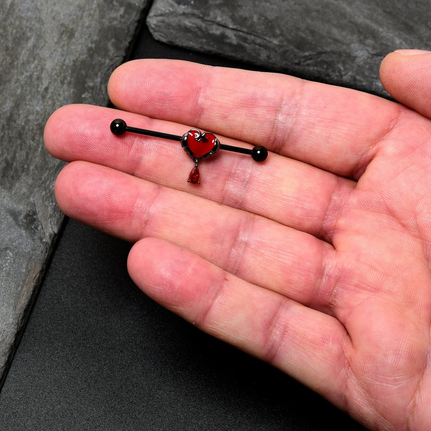 14G Red CZ Gem Black Duo Skull Heart Dangle Industrial Barbell 38mm