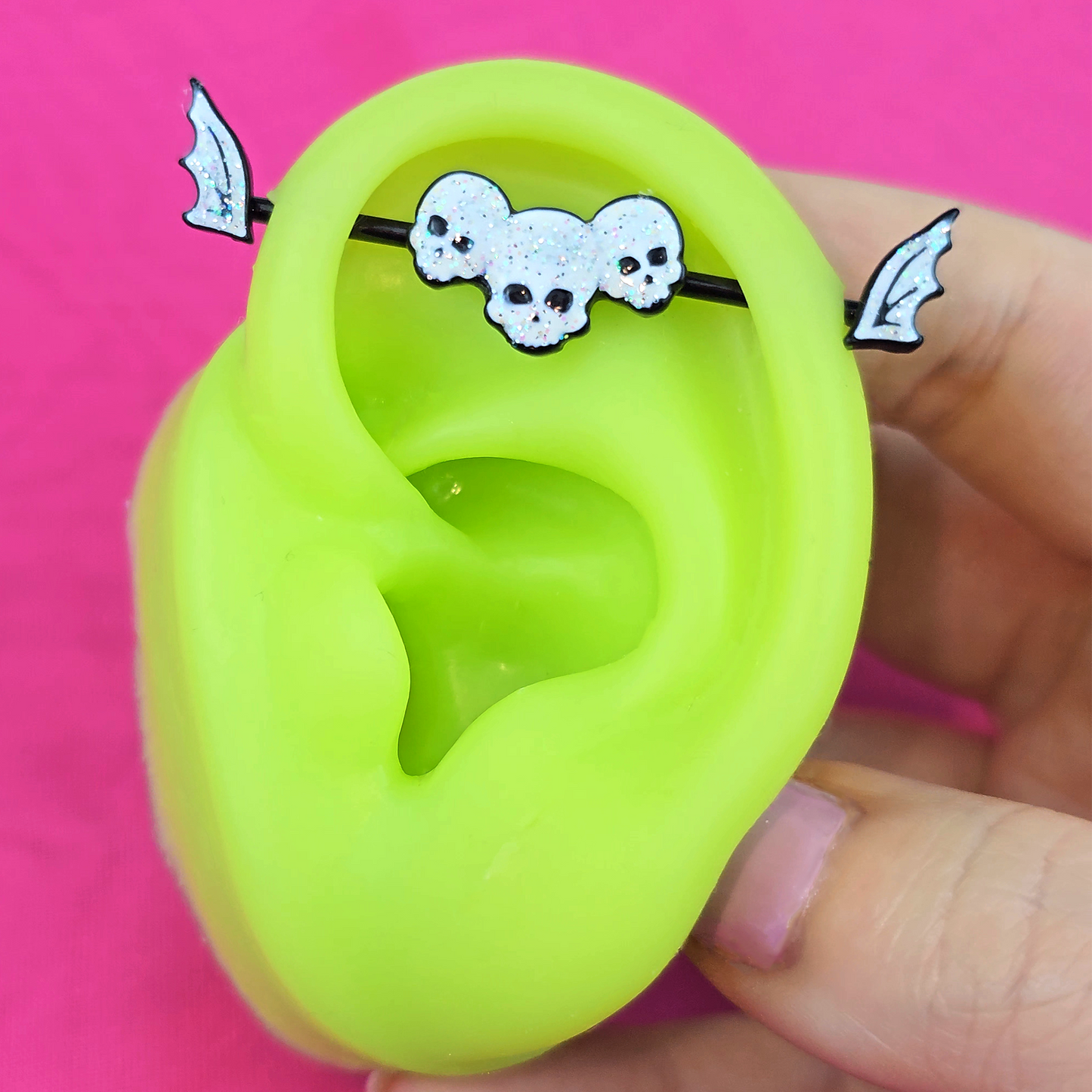 14G Black Winged Skull Glitter Trio Industrial Barbell 38mm