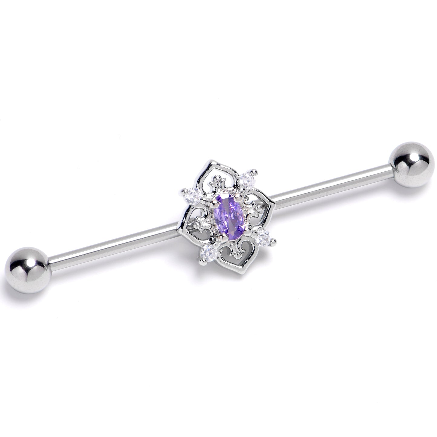 14G Purple Clear Gem Lace Look Hearts Industrial Barbell 38mm