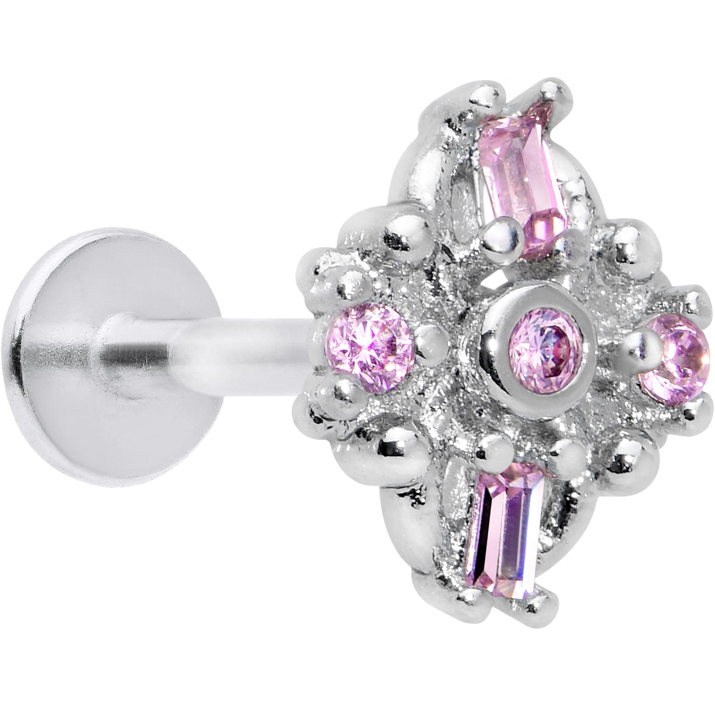16G 5/16 Pink Gem Opulent Cross Threadless Labret Monroe Tragus