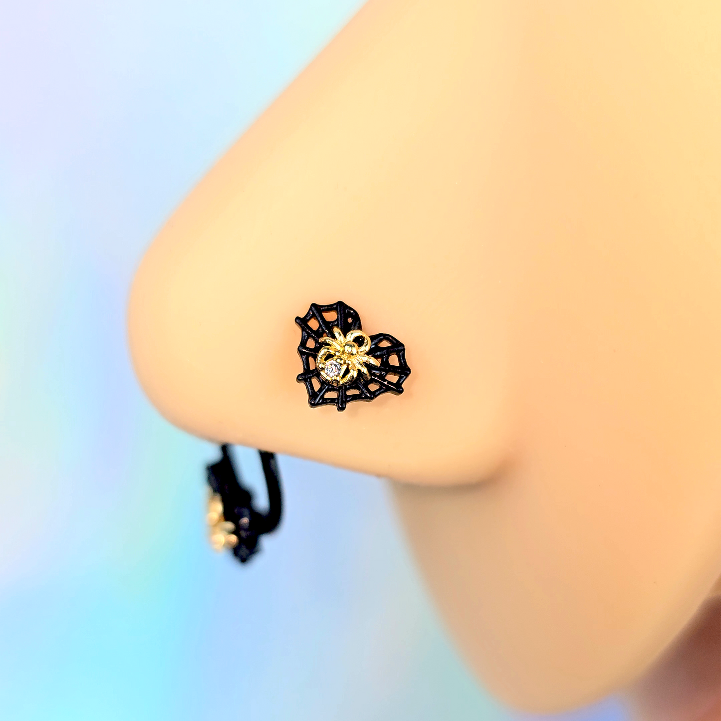 20G 7mm Clear Gem Black Golden Spider Web Heart L Shape Nose Ring