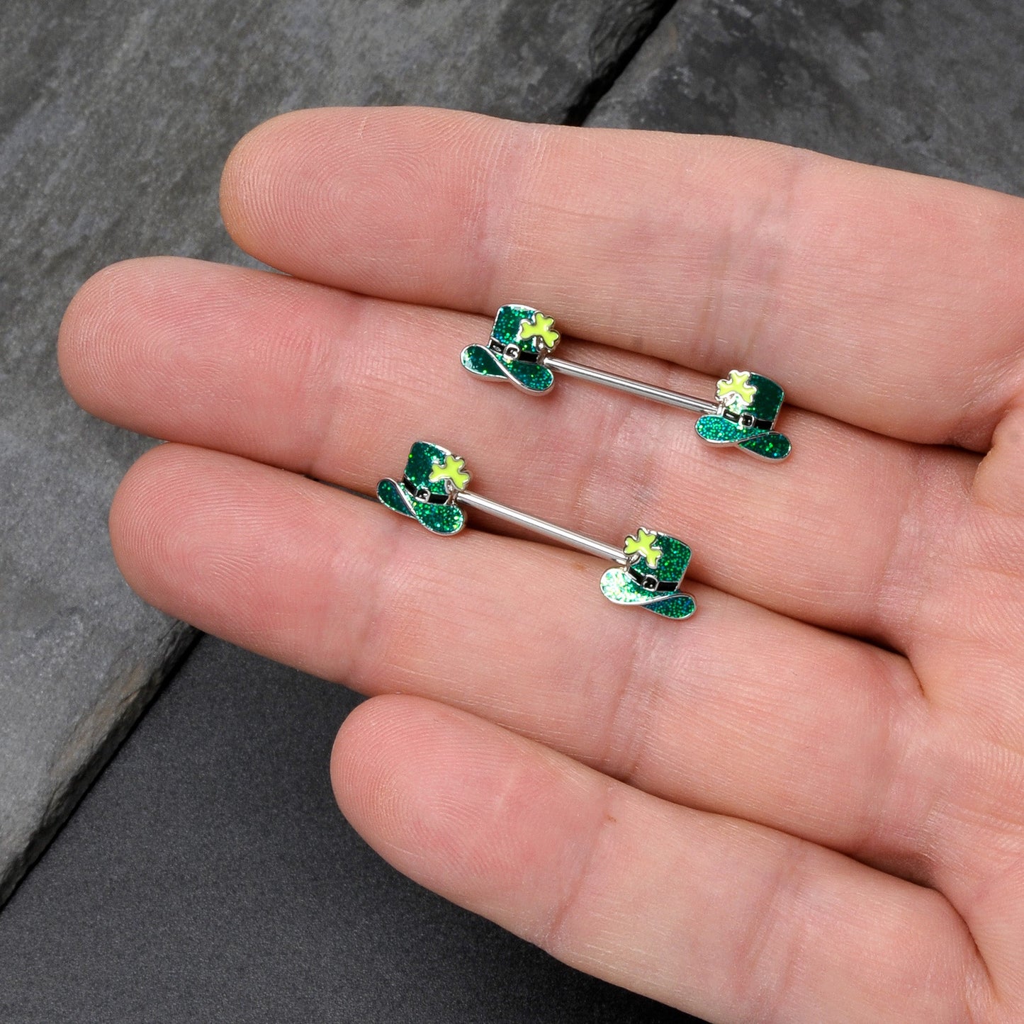 14G 9/16 Glitter Top Hat Shamrock Barbell Nipple Ring Set