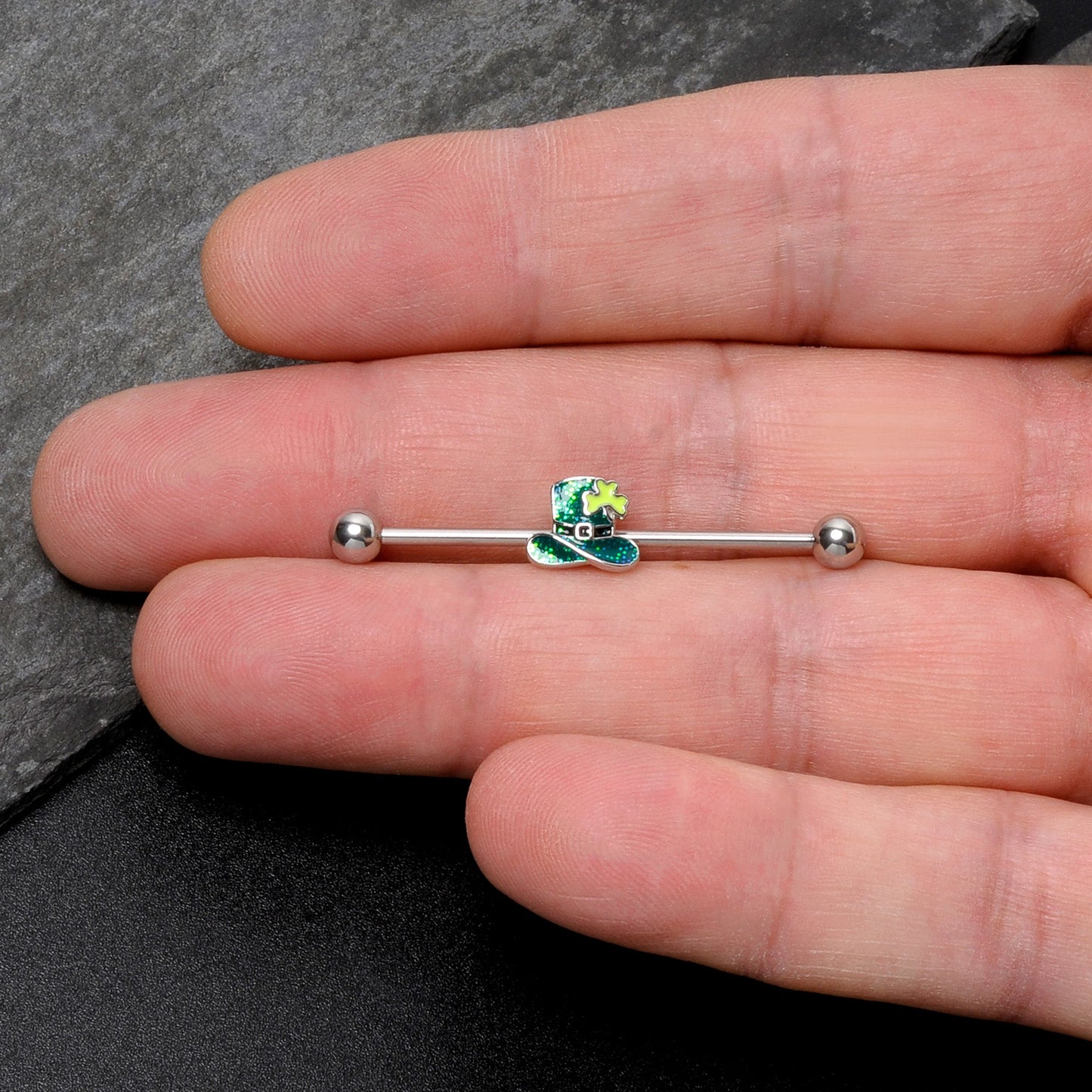 14G Glitter Top Hat Shamrock St Patricks Industrial Barbell 38mm