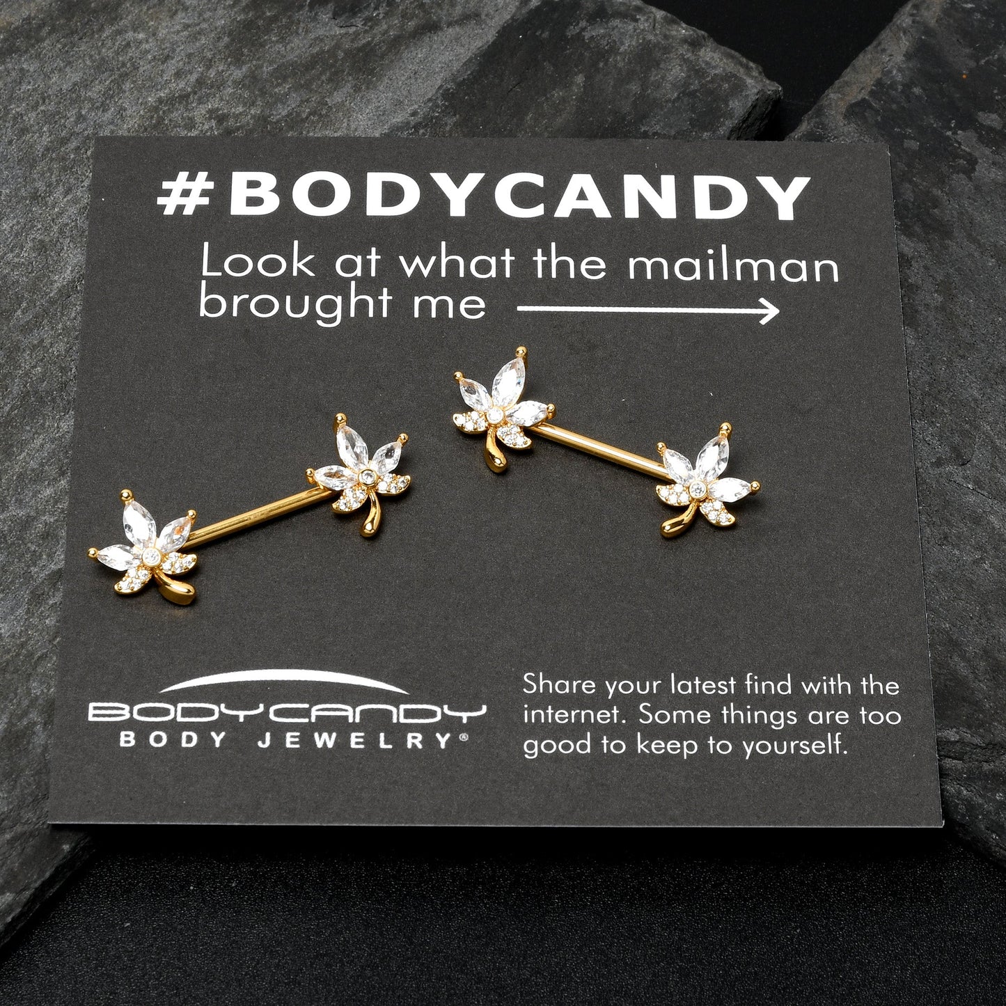 14G 3/4 Clear CZ Gem Gold Tone Pot Leaf Barbell Nipple Ring Set