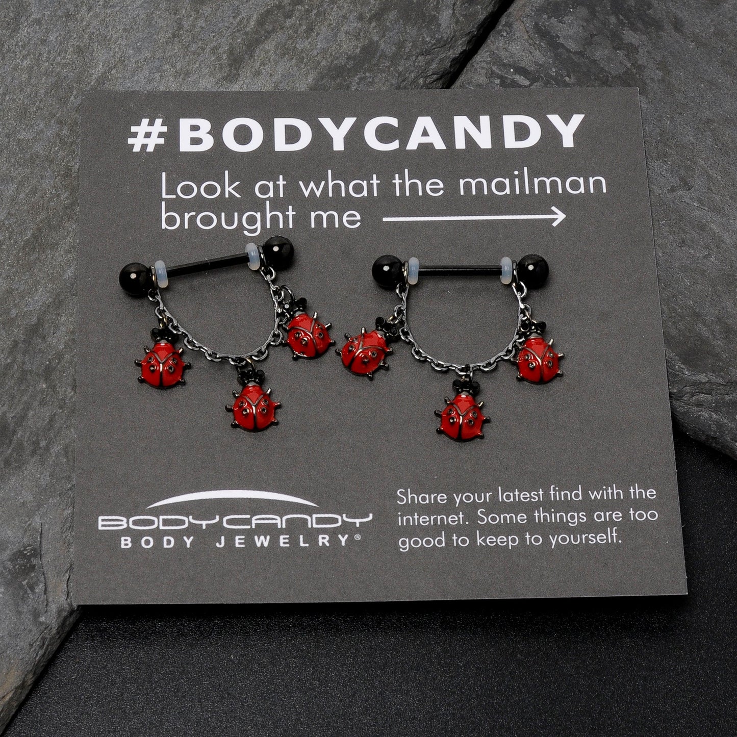 14G 9/16 Black Classic Ladybug Dangle Nipple Ring Set