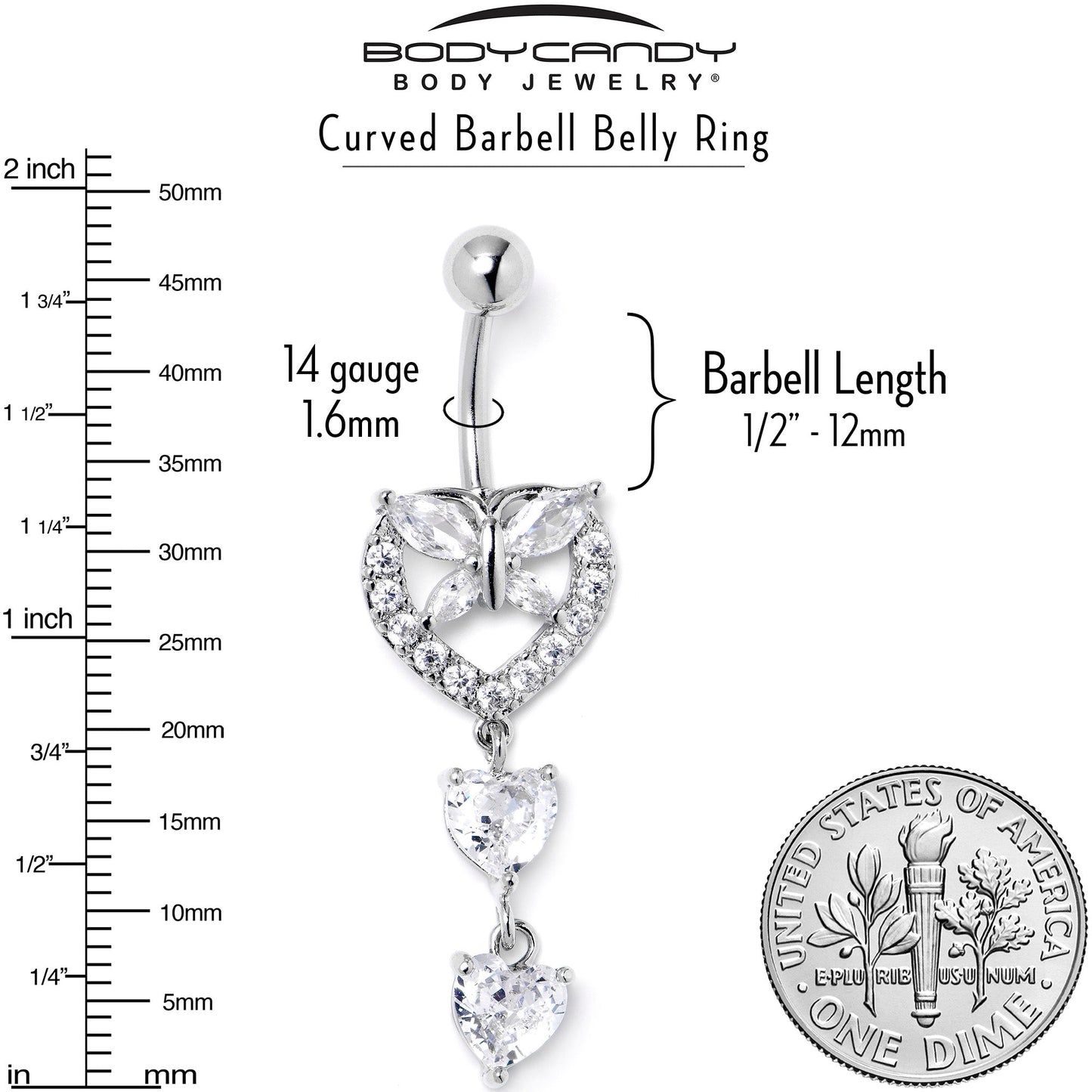 Clear CZ Gem Butterfly Hearts of Love Dangle Belly Ring