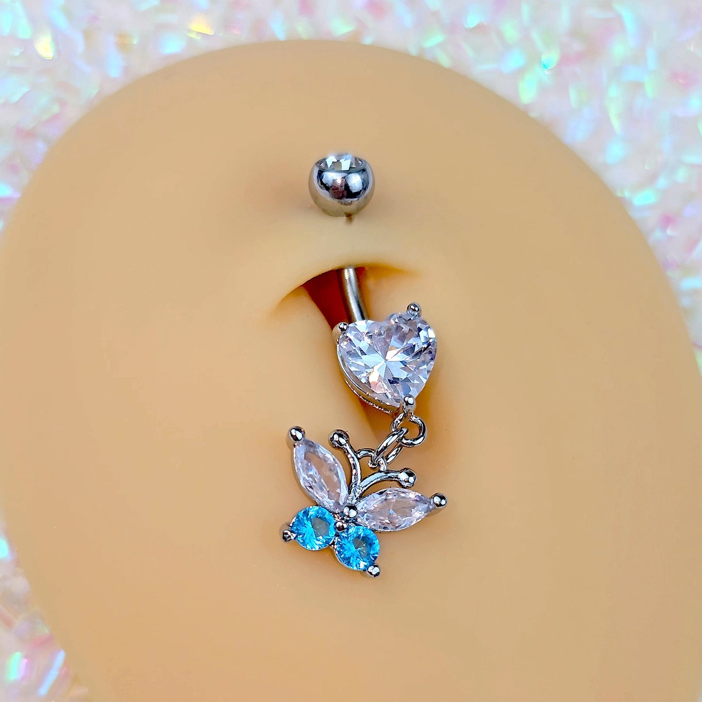 Clear Blue Gem Love Butterfly Heart Dangle Belly Ring