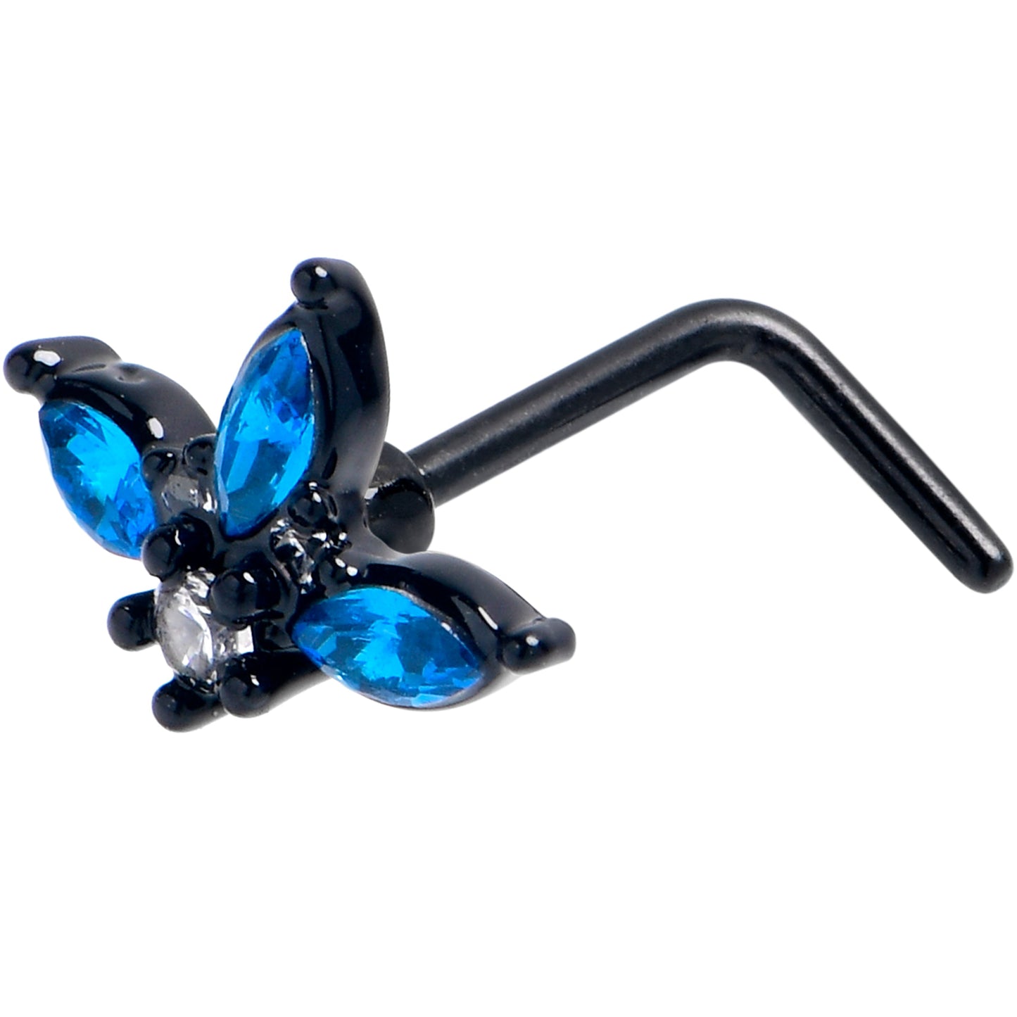 20G 7mm Blue Clear Gem Black Goth Flower L Shape Nose Ring