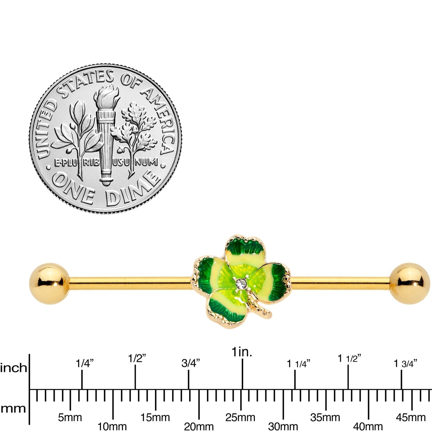 14G Clear Gem Gold Tone Lucky Shamrock Industrial Barbell 38mm