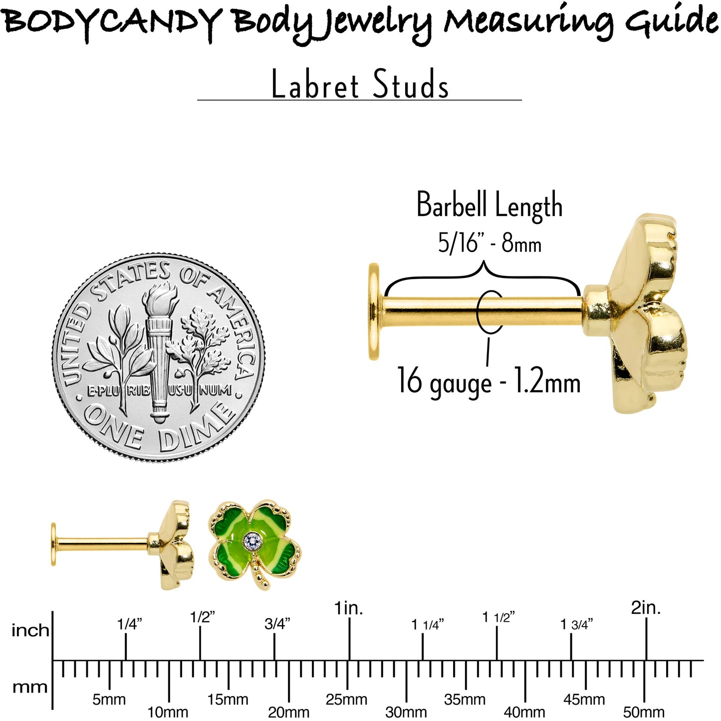 16G 5/16 Clear Gem Gold Tone Lucky Shamrock Labret Monroe Tragus