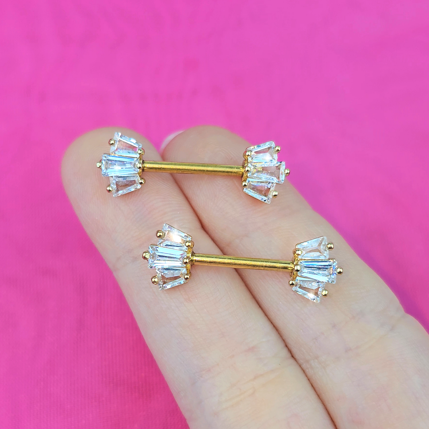 14G 9/16 Clear CZ Gem Gold Tone Regal Rectangles Nipple Ring Set
