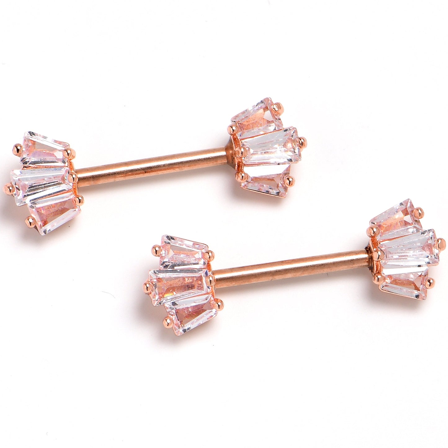 14G 9/16 Clear CZ Gem Rosy Tone Regal Rectangles Nipple Ring Set