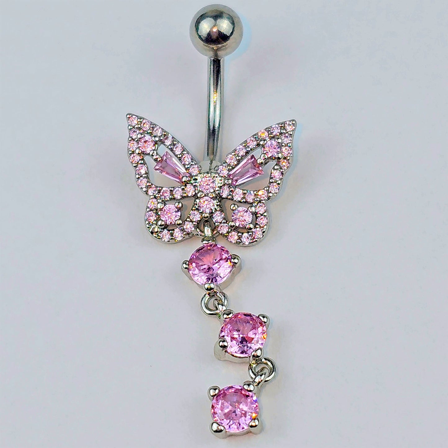 Pink Gem Dramatic Butterfly Dangle Belly Ring