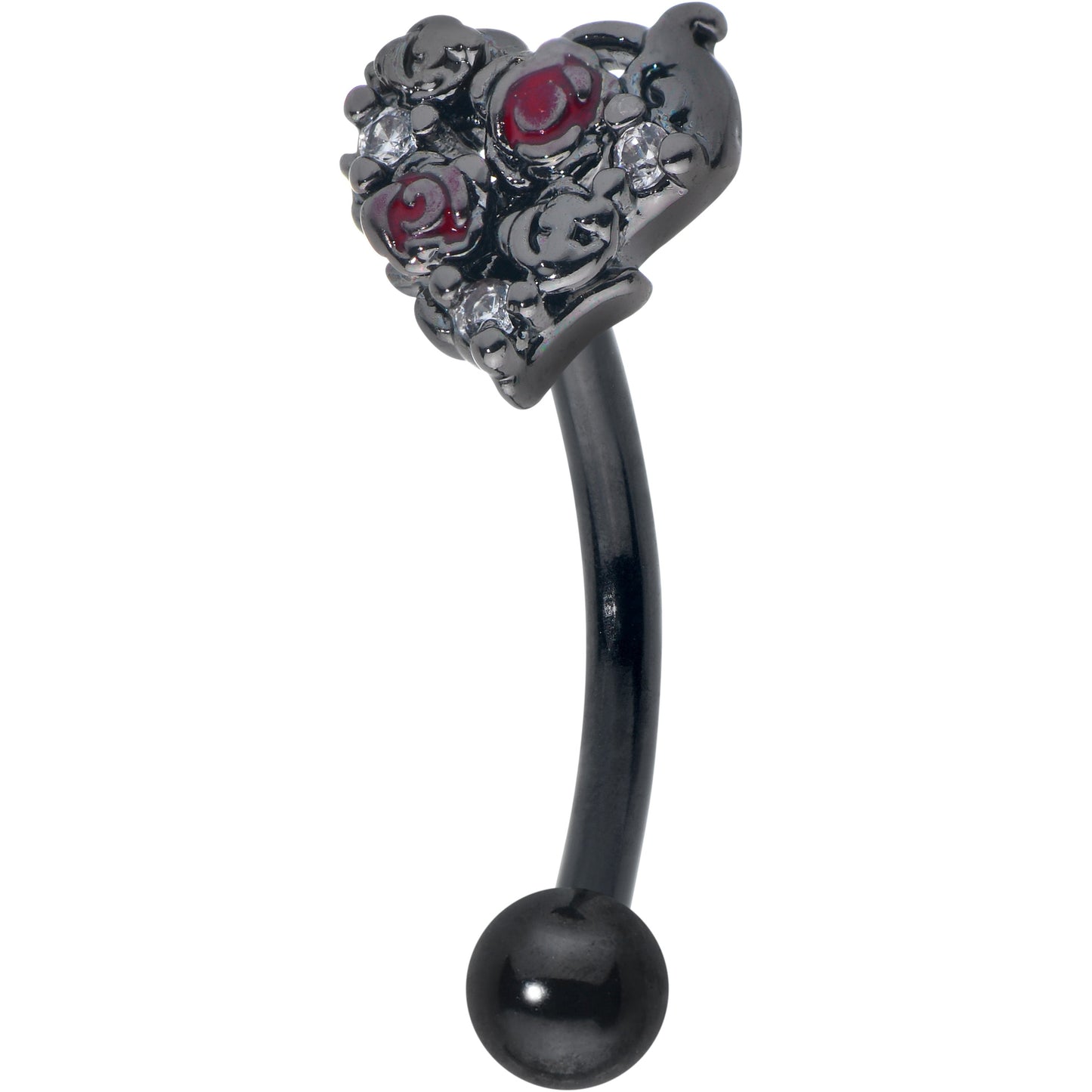 16G 5/16 Red Clear Gem Black Floral Heart Curved Eyebrow Ring
