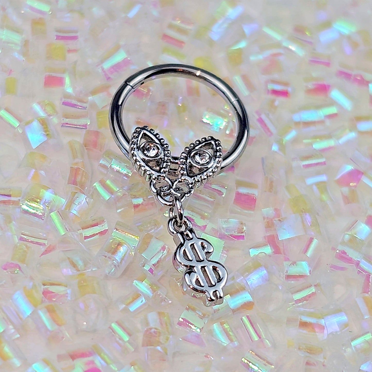 16G 3/8 Clear Gem Dollar Sign Dangle Hinged Segment Ring