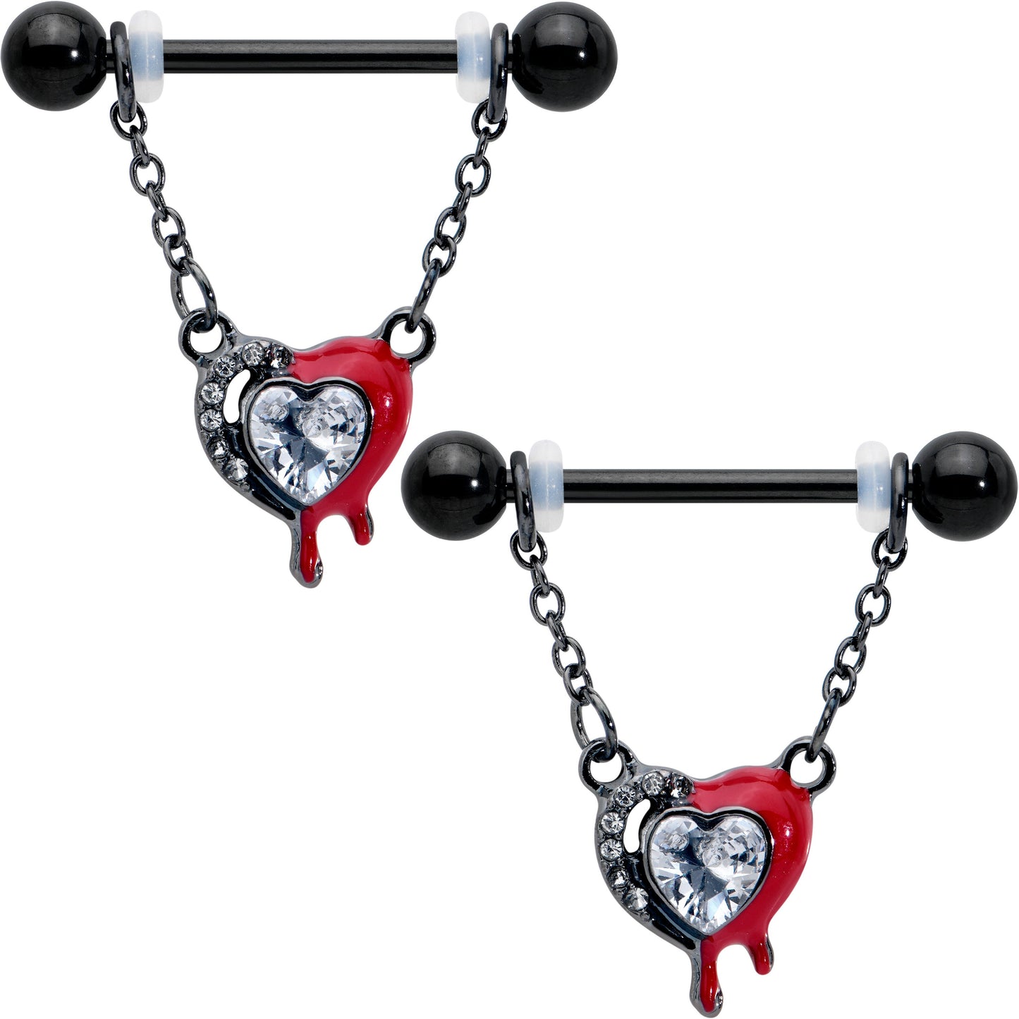 14G 9/16 Clear Gem Black Bleeding Heart Chain Dangle Nipple Ring Set
